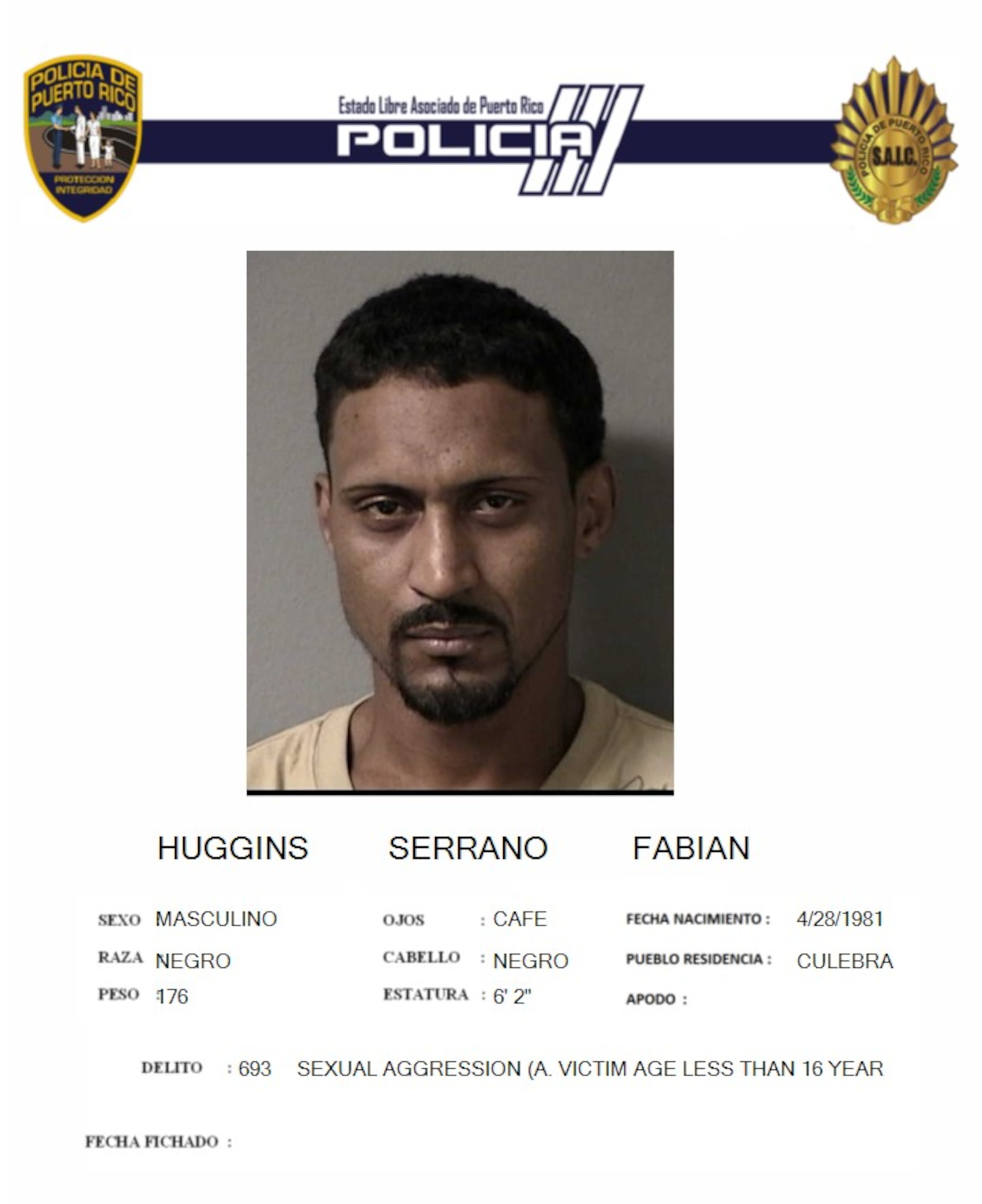 Ficha policial de Fabián Huggins Serrano.