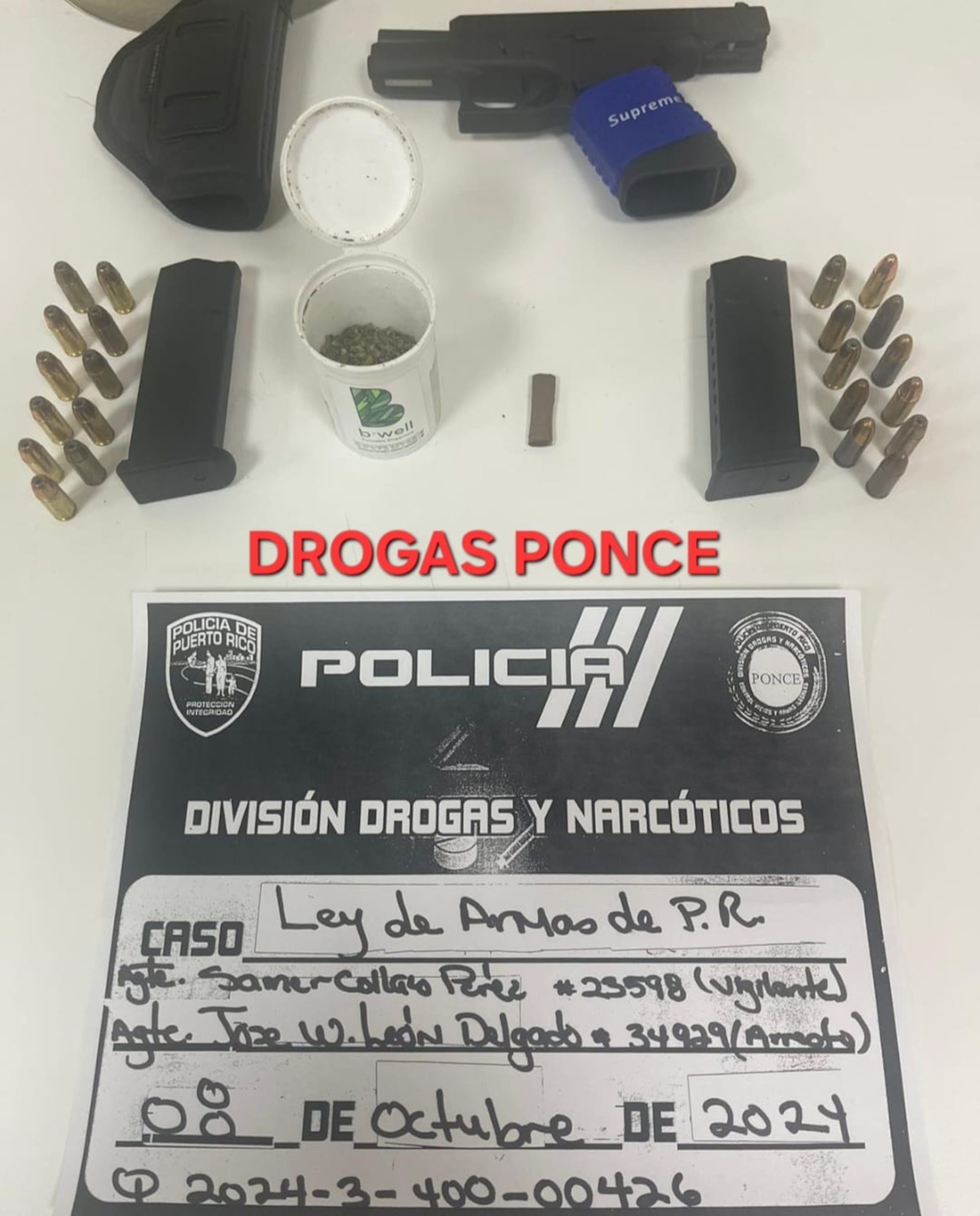 Arma ilegal, cargadores, balas y marihuana ocupados a una mujer en la urbanización Villa Grillasca, en Ponce.