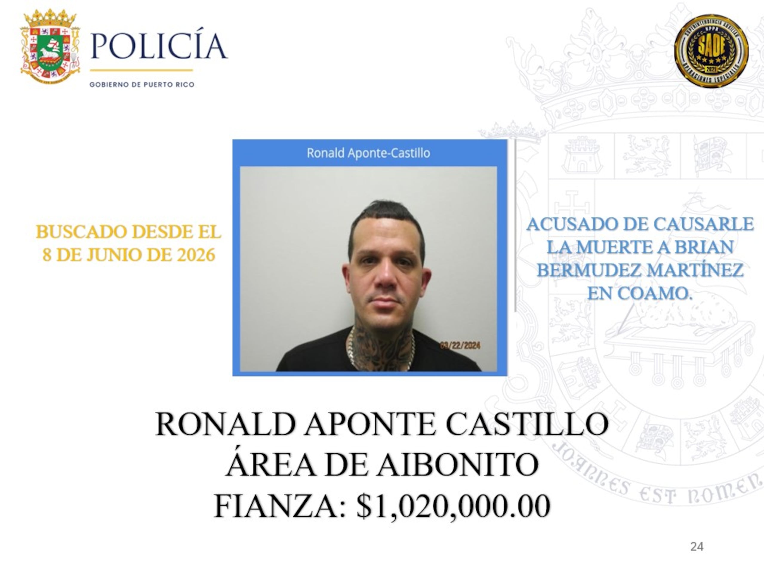 Ronald Aponte Castillo | La Policía de Puerto Rico exhorta a la ciudadanía a colaborar con las autoridades para lograr la captura de 25 individuos que permanecen prófugos de la justicia y contra quienes pesan órdenes de arresto por delitos de asesinato ocurridos en distintos municipios de la Isla.
Estos individuos son considerados de alta peligrosidad y son buscados por hechos que han cobrado la vida de múltiples víctimas. Algunos de ellos han evadido la justicia durante años, mientras que otros enfrentan acusaciones recientes por asesinatos cometidos durante el presente año.