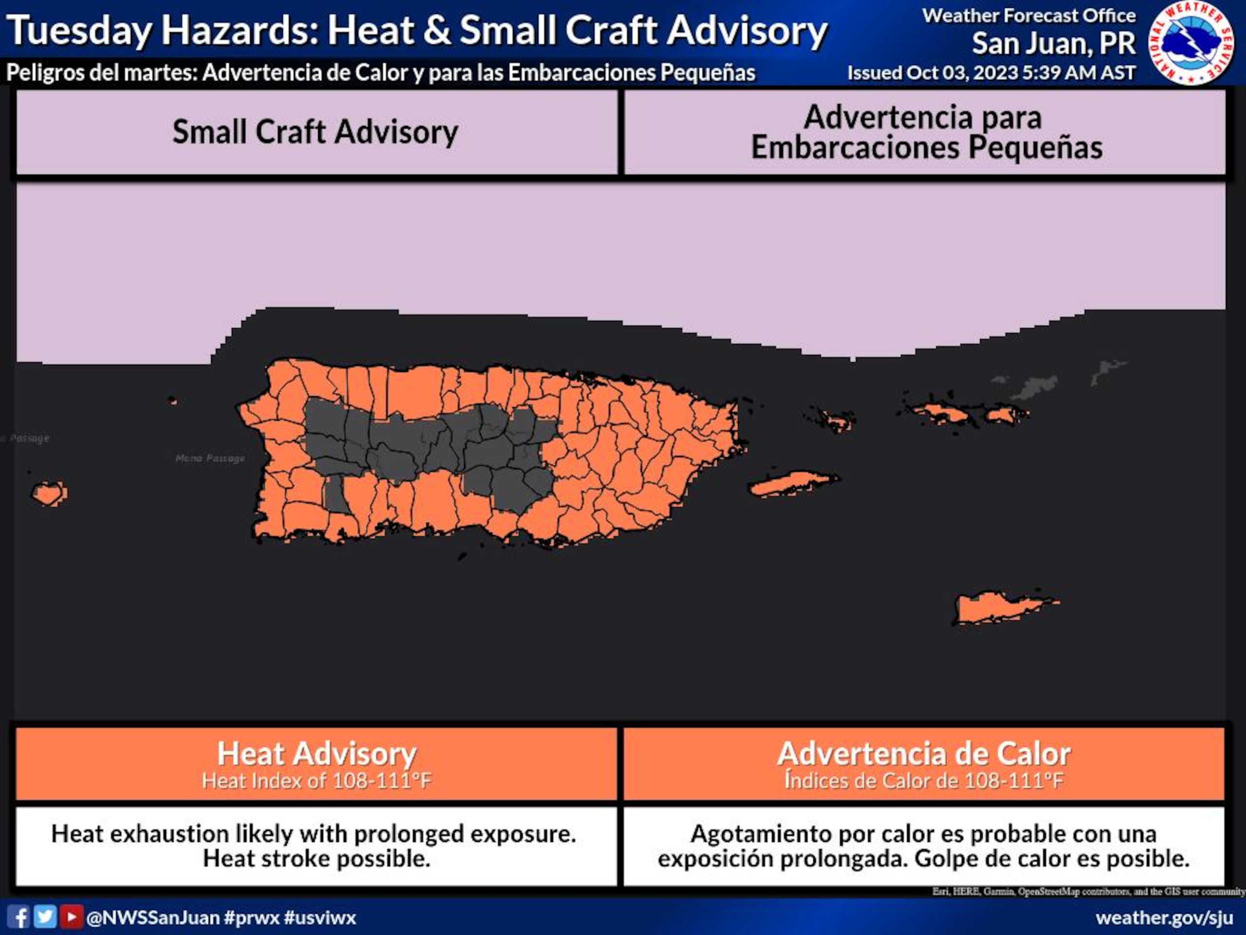 Advertencia de calor y para embarcaciones pequeñas emitida el 3 de octubre de 2023.