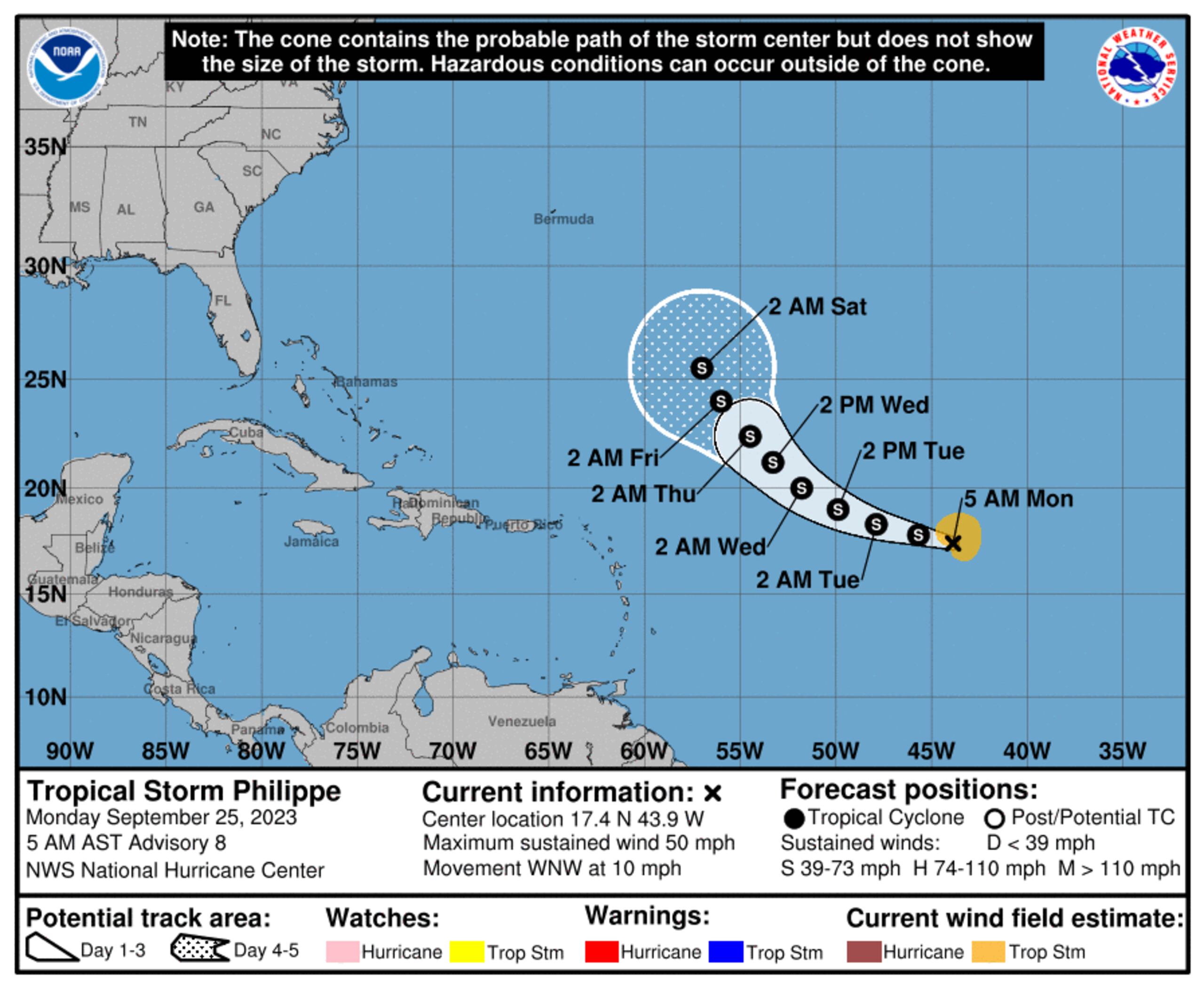 Pronóstico de la tormenta tropical Philippe emitido a las 5:00 de la mañana del 25 de septiembre de 2023.