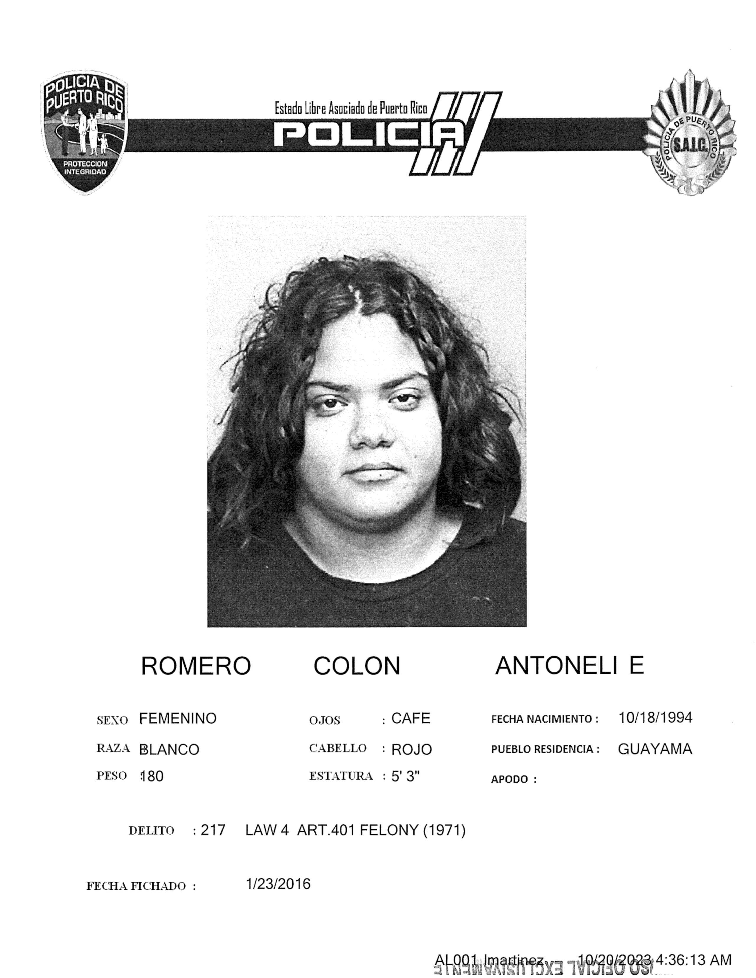 Ficha de Antonelli Enid Romero Colón, quien fue asesinada en Guayaman el 19 de octubre de 2023.