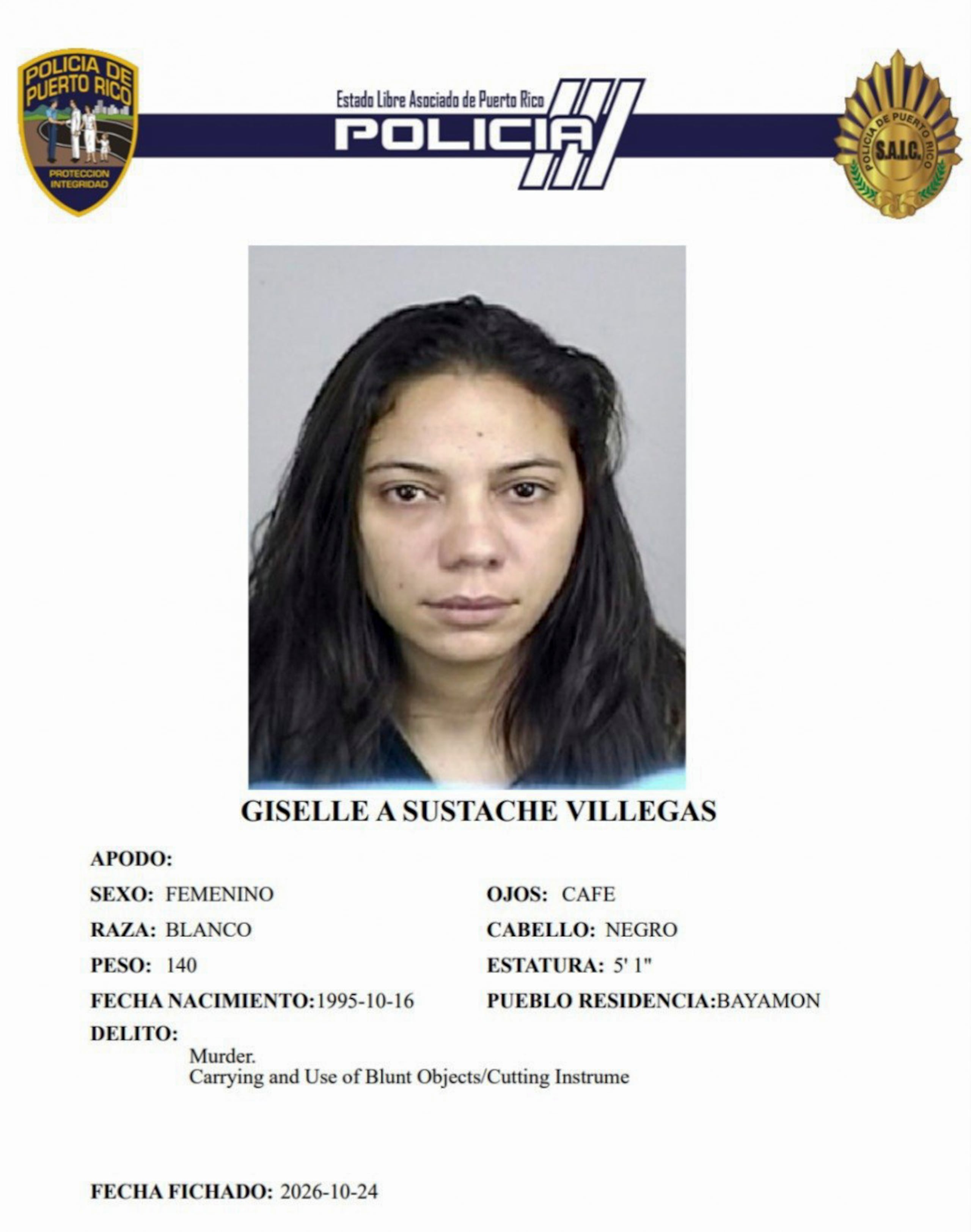 Gisselle Alexandra Sustache Villegas, enfrenta cargos por el asesinato de su esposo, John Manuel Cosme Hernández, de 45 años, en urbanización Santa Juanita, en Bayamón.