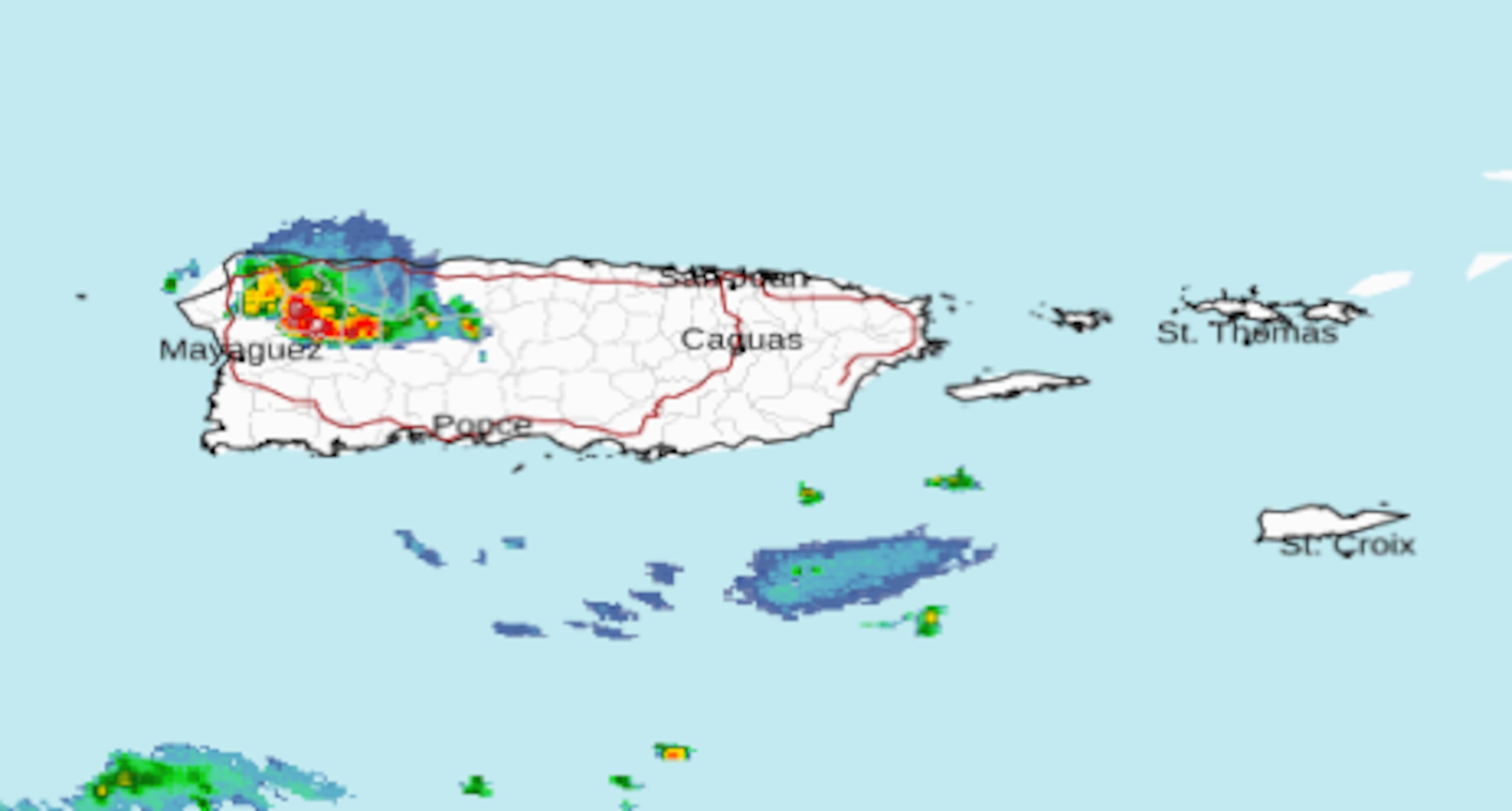 Captura de una imagen del radar del Servicio Nacional de Meteorología ante la lluvia que se registra en el noroeste de la Isla.