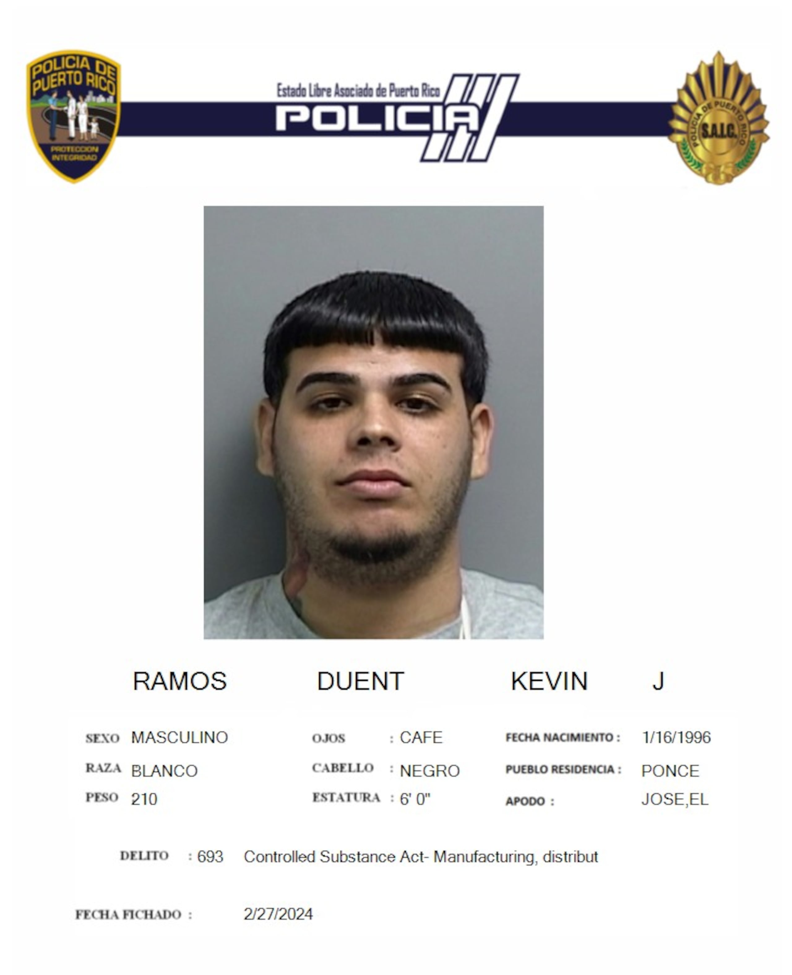 Kevin J. Ramos Duent fue arrestado durante una persecución policíaca en Ponce.