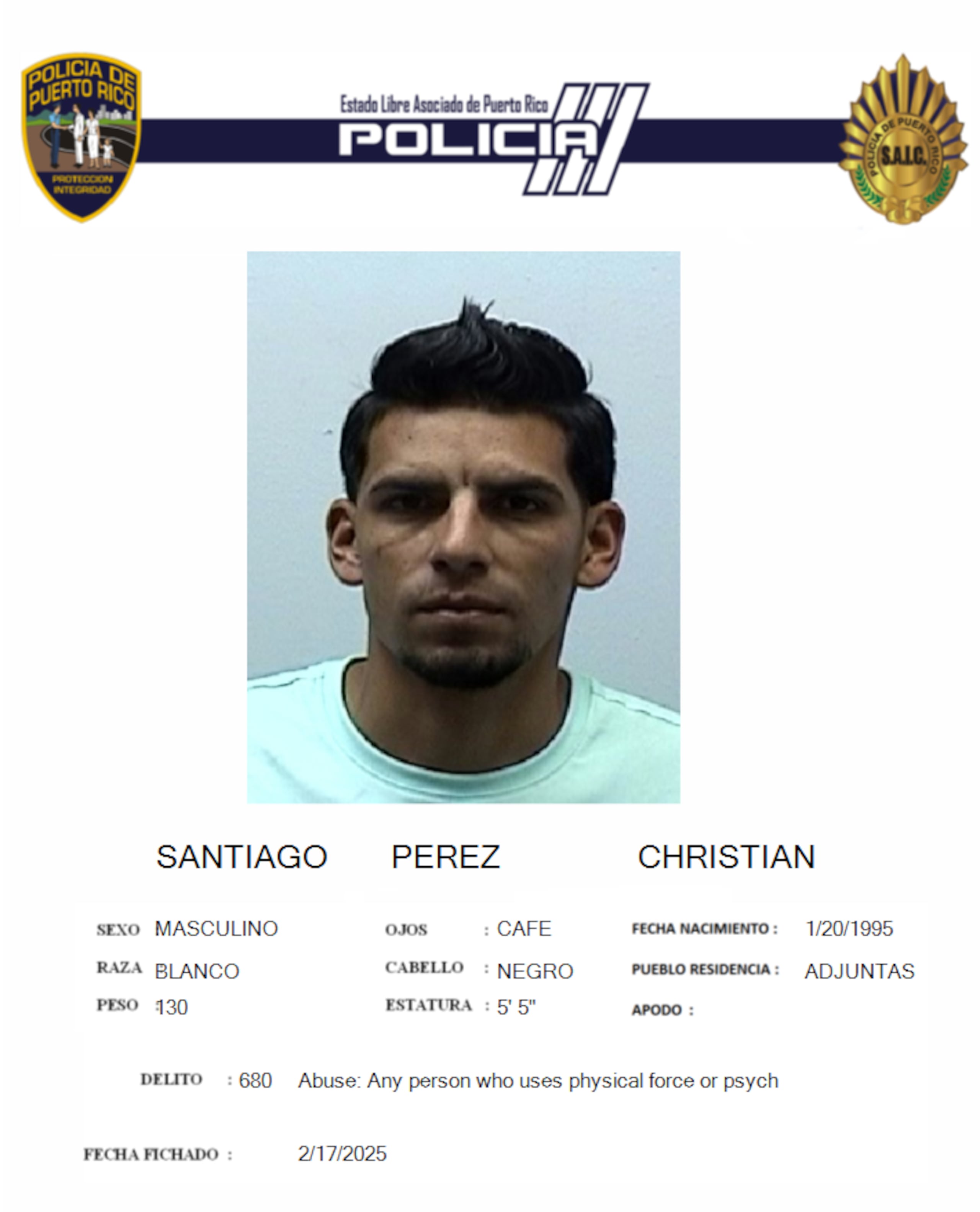 Christian Santiago Pérez, fue acusado por violar dos artículos de la Ley para Prevención e Intervención con la Violencia Doméstica.