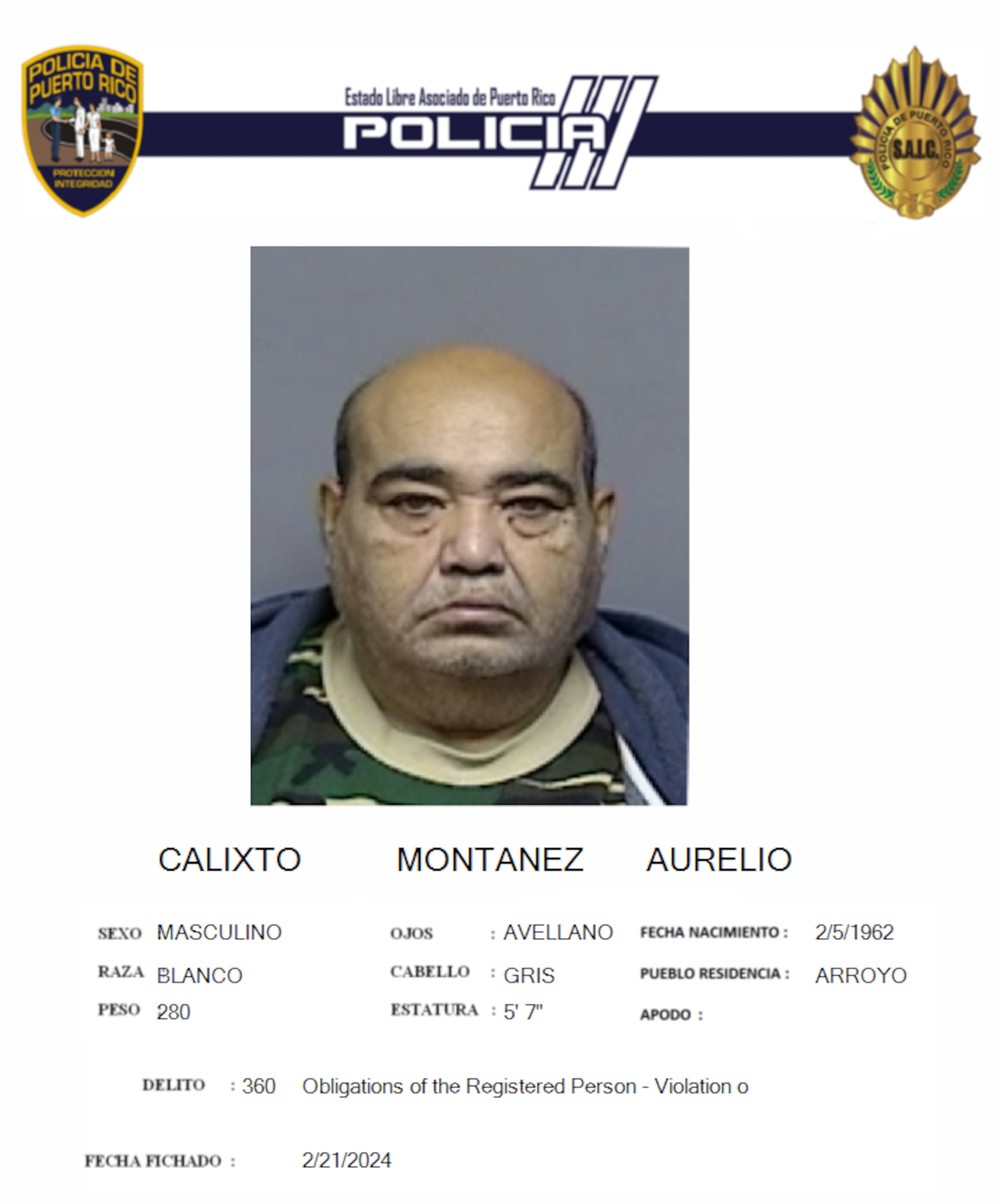 Aurelio Calixto Montañez enfrenta cargos por violación a la Ley del Registro de Personas Convictas por Delitos Sexuales y Abuso Contra Menores.