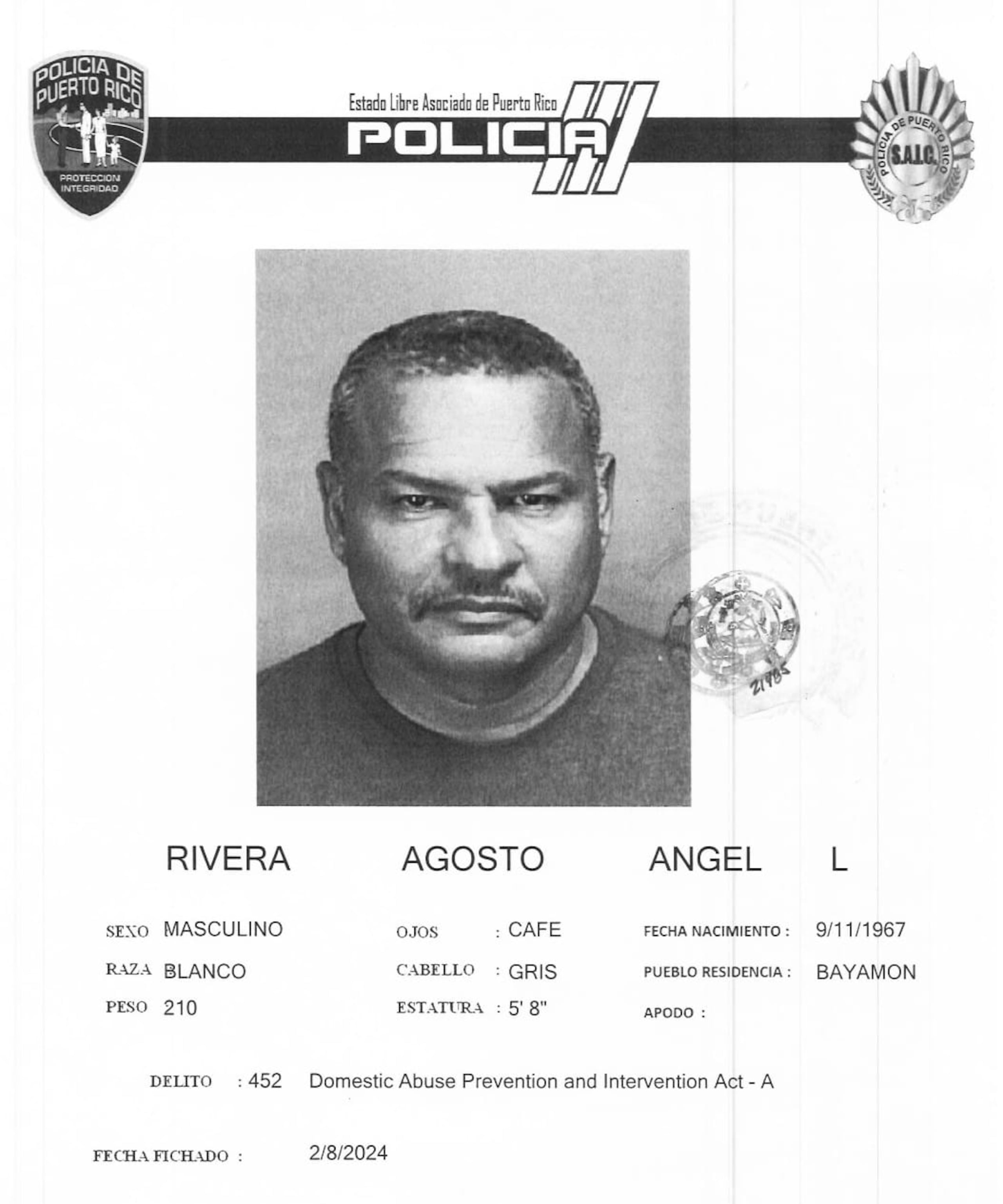Ángel L. Rivera Agosto, fue acusado por maltrato y maltrato mediante amenaza de la Ley para la Prevención e Intervención con la Violencia Doméstica.