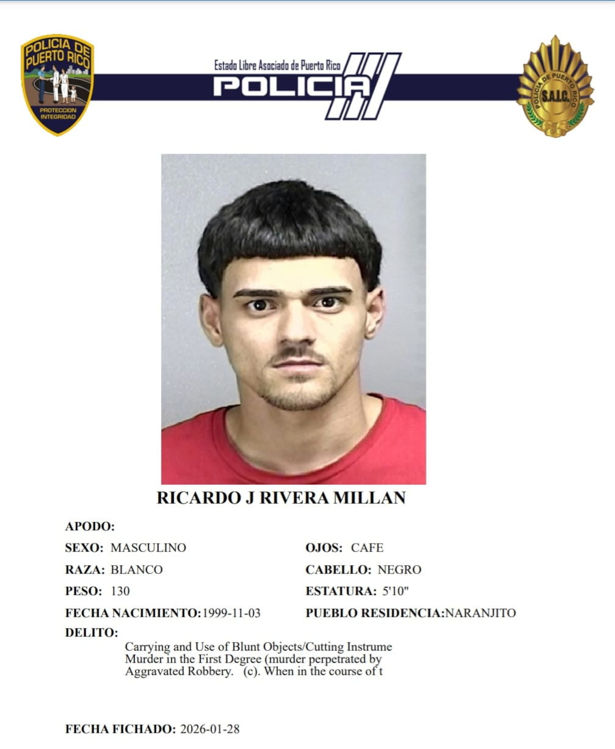 Ricardo Jeniel Rivera Millán, enfrenta cargos por tentativa de asesinato, robo agravado y violación a la Ley de Armas.
