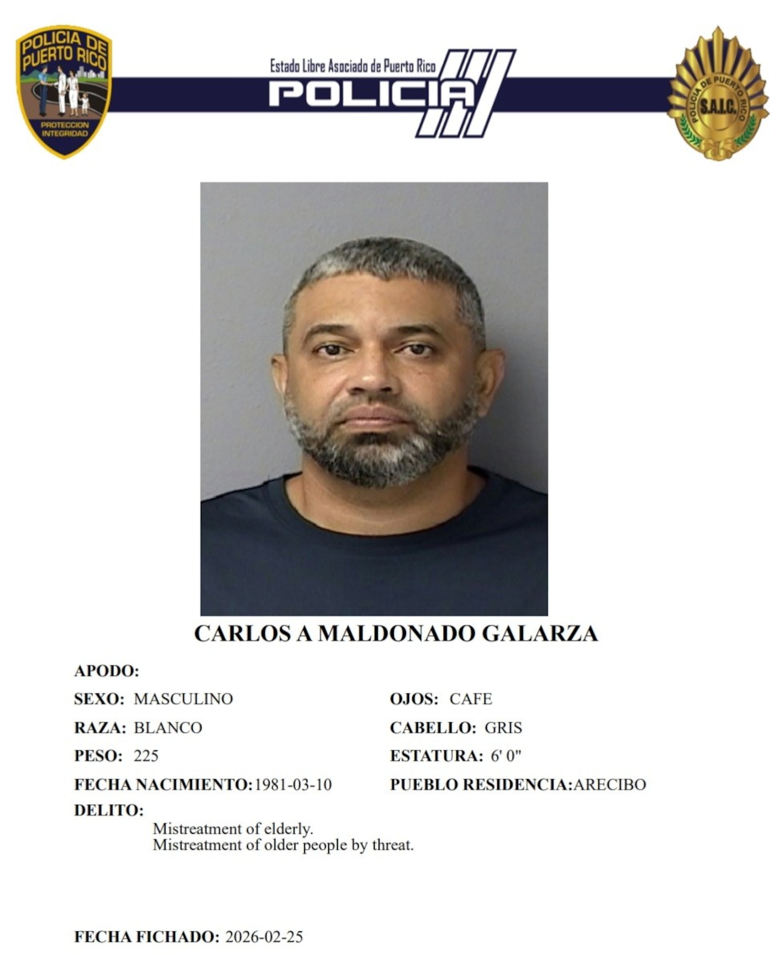 Carlos A. Maldonado Galarza, enfrenta un cargo de maltrato a una persona de edad avanzada mediante amenaza.