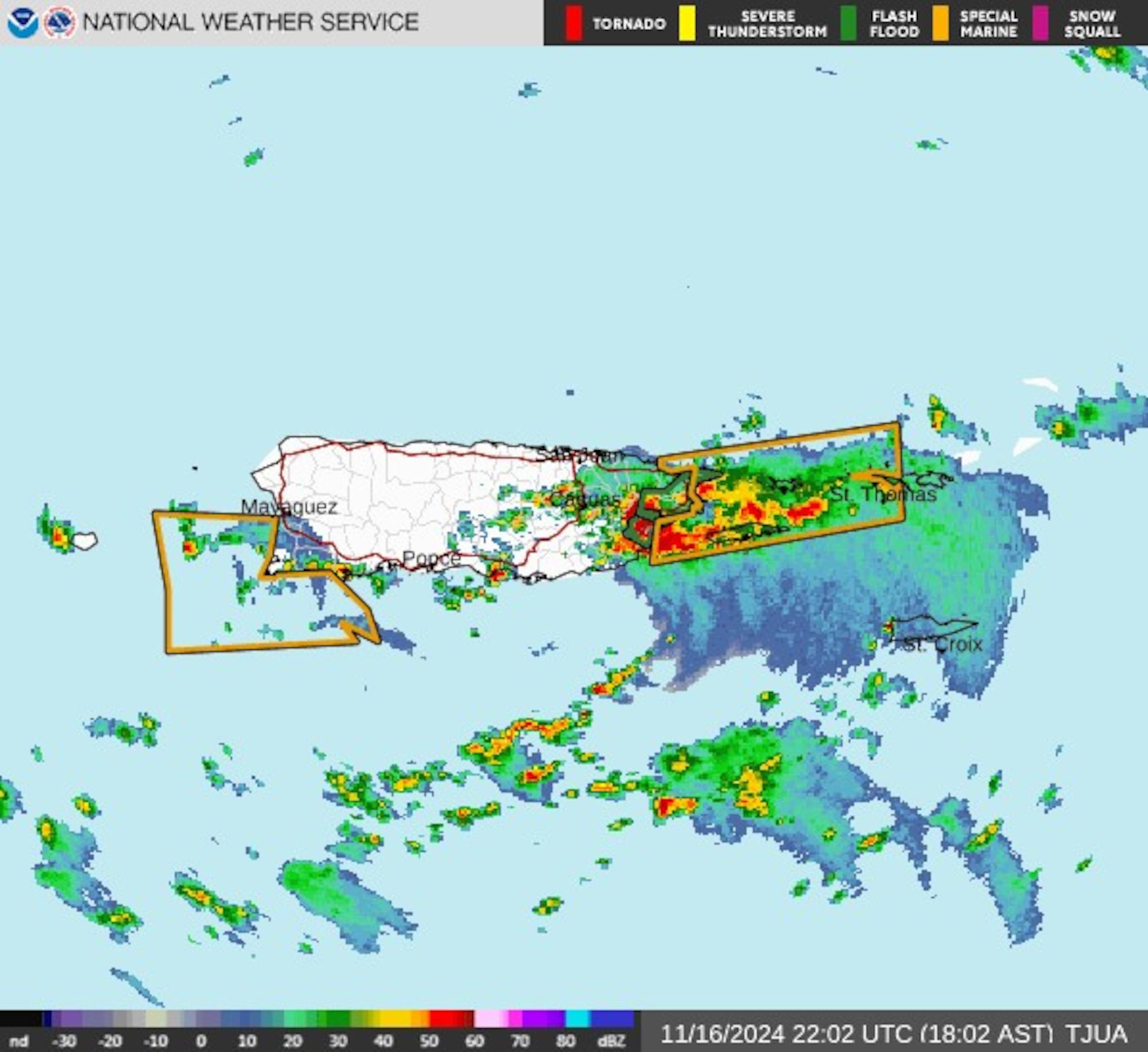 El desarrollo de tormentas eléctricas en la zona este de Puerto Rico provocó que el Servicio Nacional de Meteorología emitiera una advertencia de inundaciones para Ceiba, Humacao, Naguabo y Las Piedras.