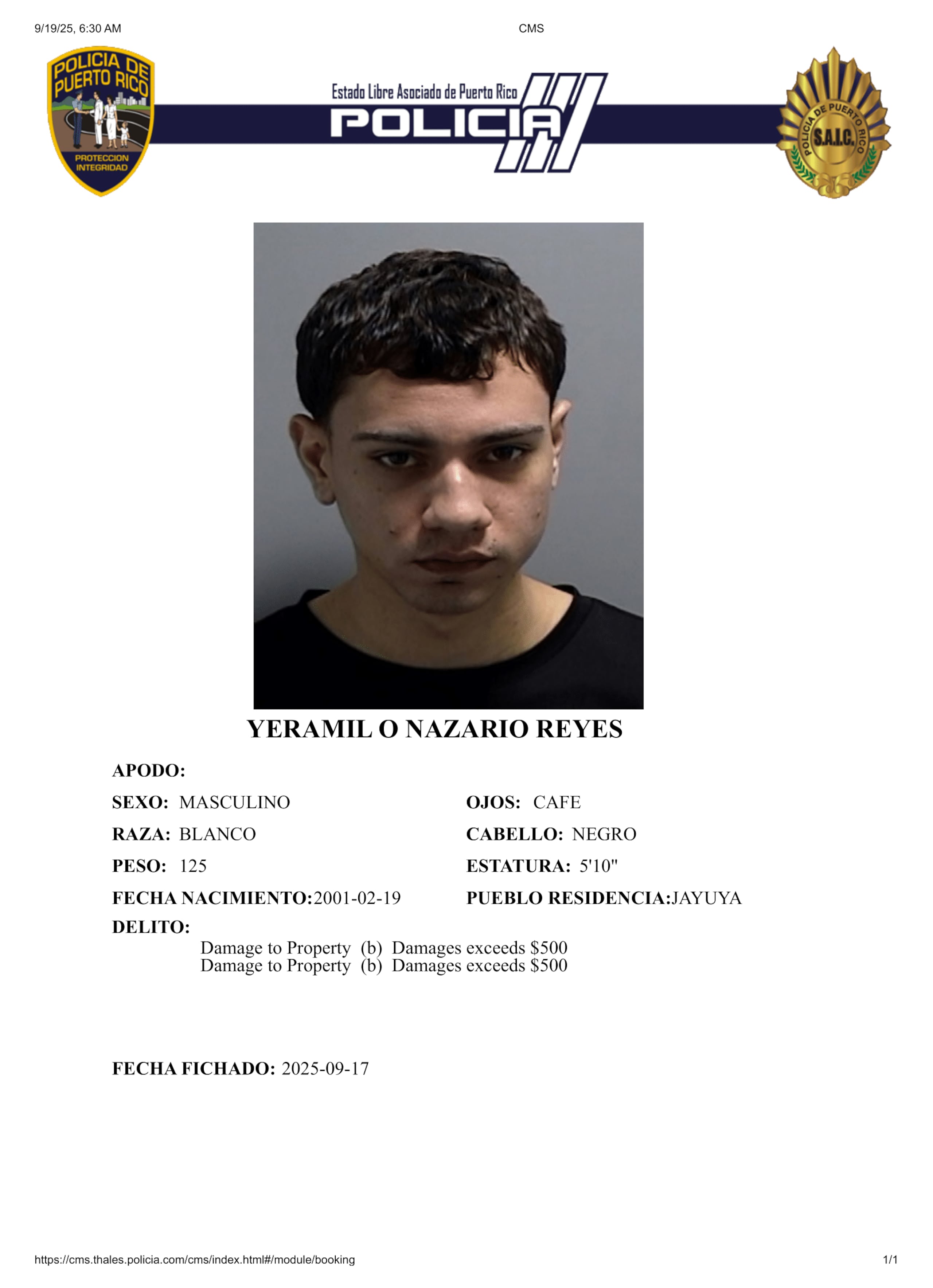 Ficha policíaca del imputado, Yeramil O. Nazario Reyes, de 24 años y residente de Jayuya.