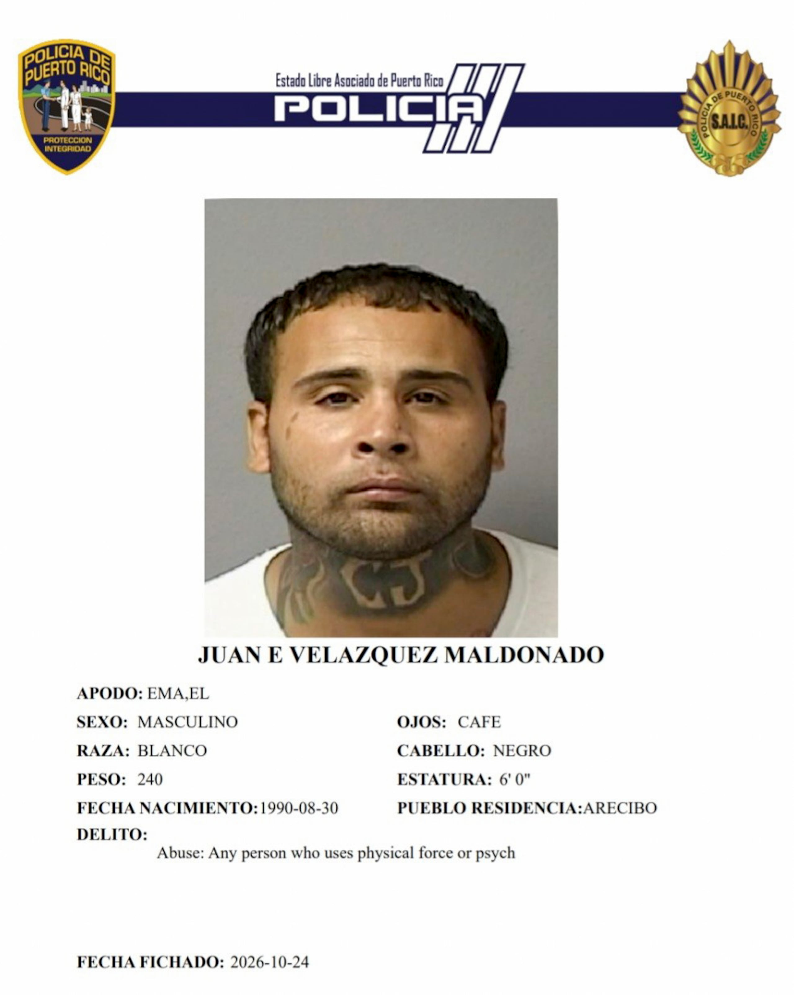 A Juan E. Velázquez Maldonado, se le radicó un cargo por maltrato, bajo la Ley para la Prevención e Intervención con la Violencia Doméstica.