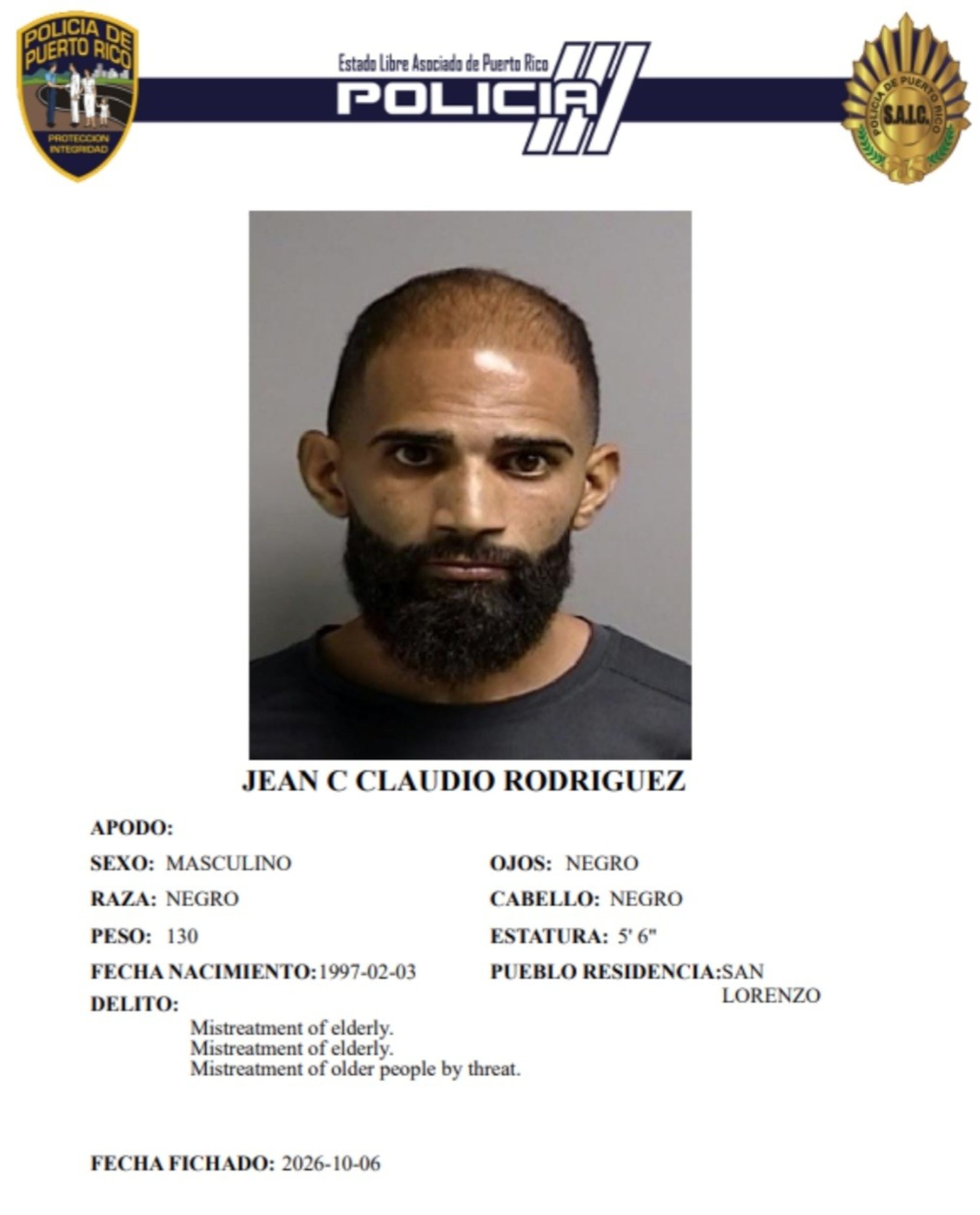Jean C. Claudio Rodríguez, enfrenta cargos por amenaza y maltrato a personas de edad avanzada.
