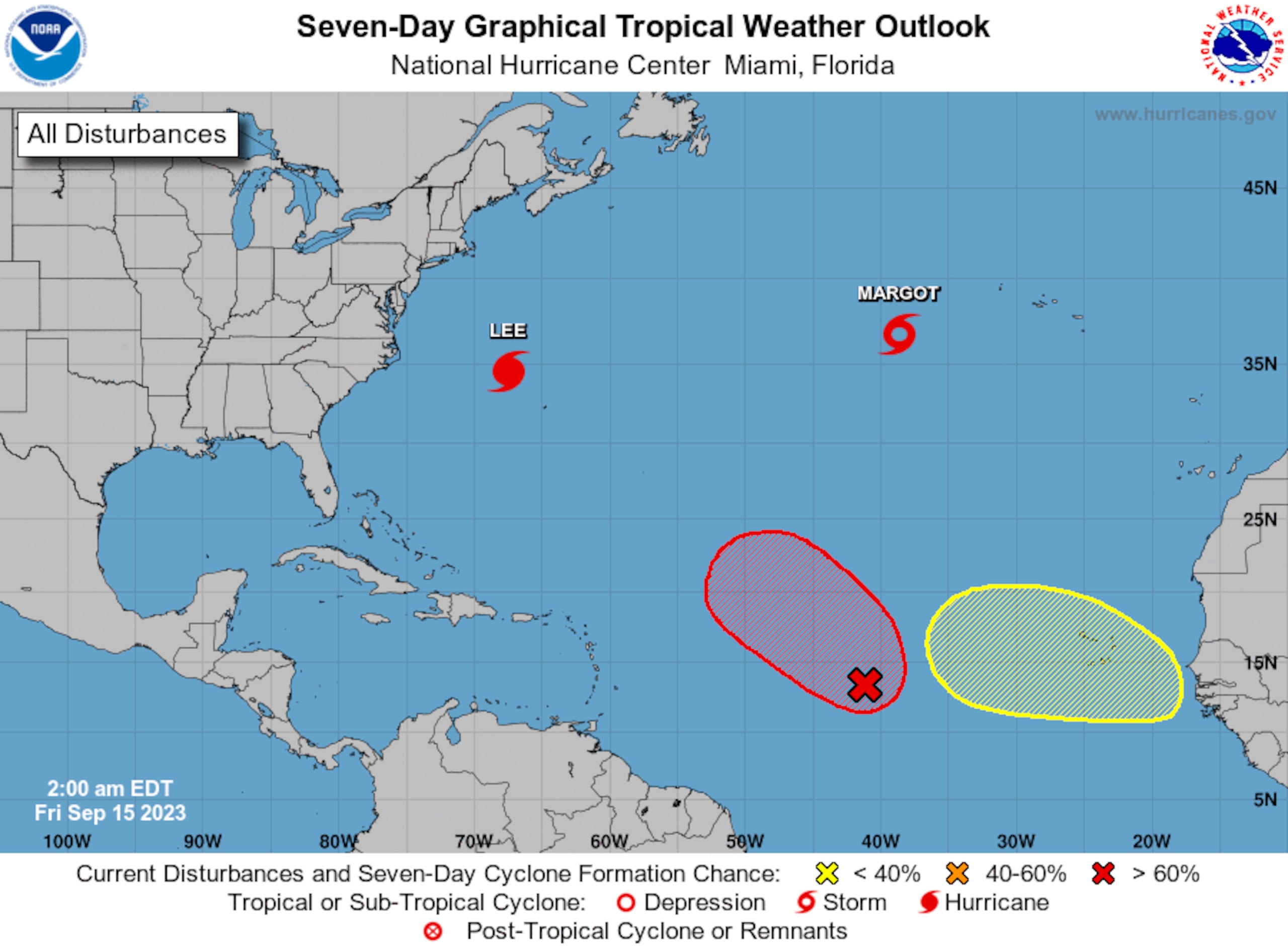 Perspectiva gráfica del clima tropical del Atlántico para siete días, el 15 de septiembre de 2023.