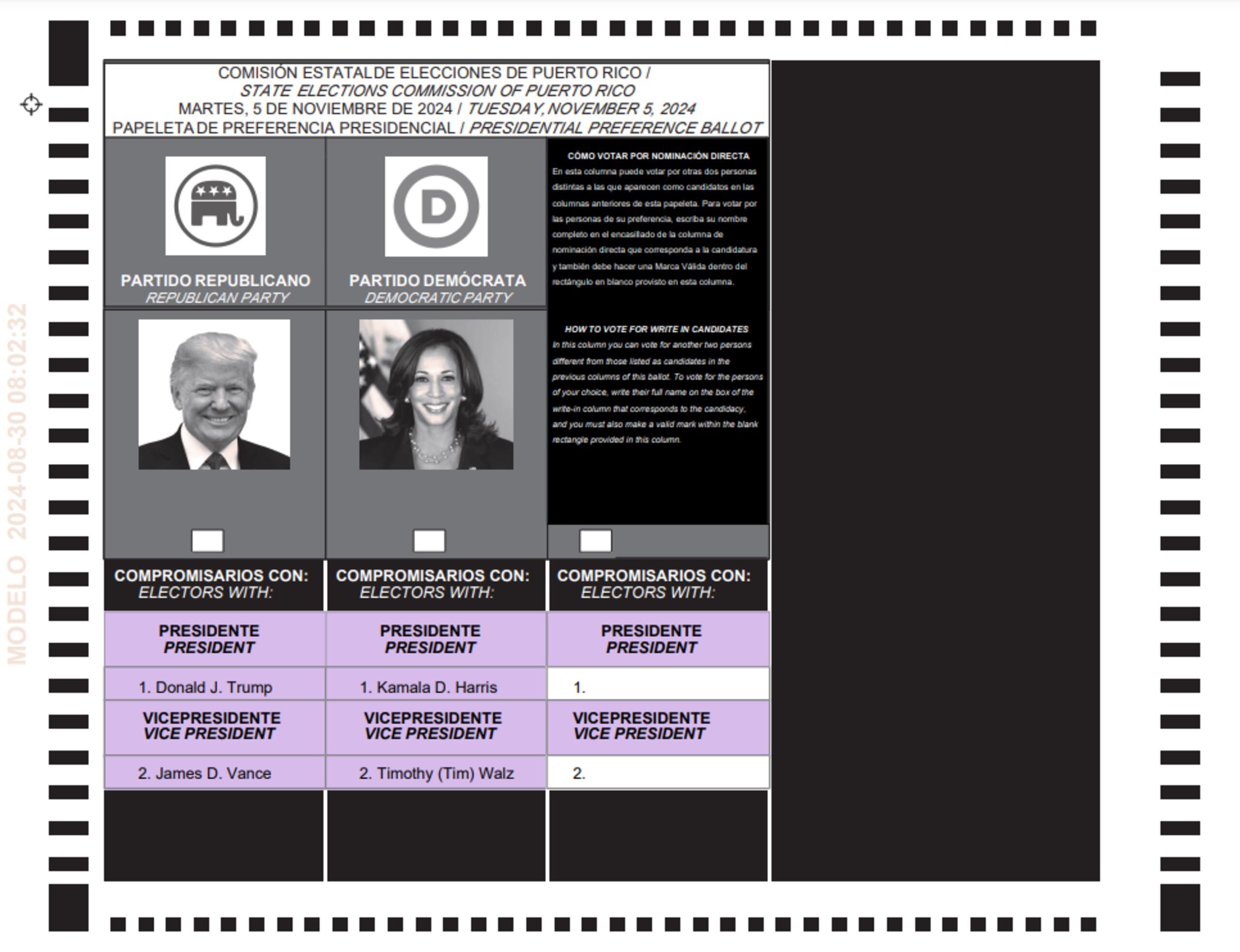 Papeleta de preferencia presidencial por Estados Unidos. En la foto, los candidatos Donald Trump y Kamala Harris.