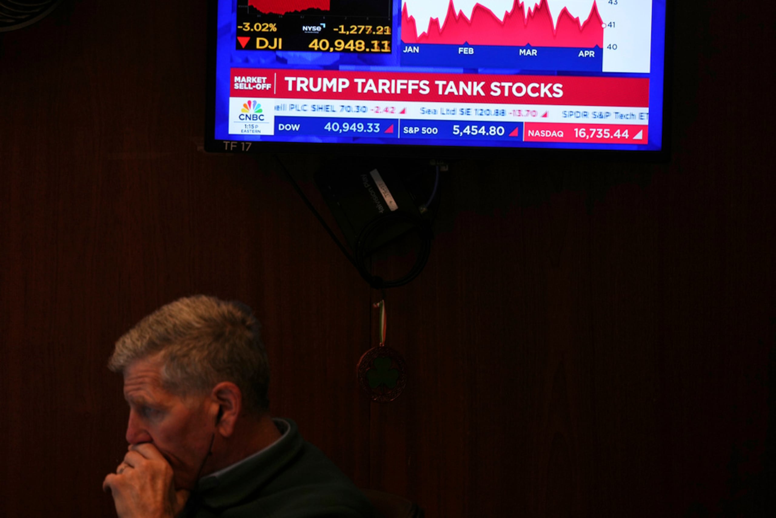 Una pantalla muestra noticias financieras mientras los "traders" trabajan en el piso de la Bolsa de Valores de Nueva York el 3 de abril de 2025.