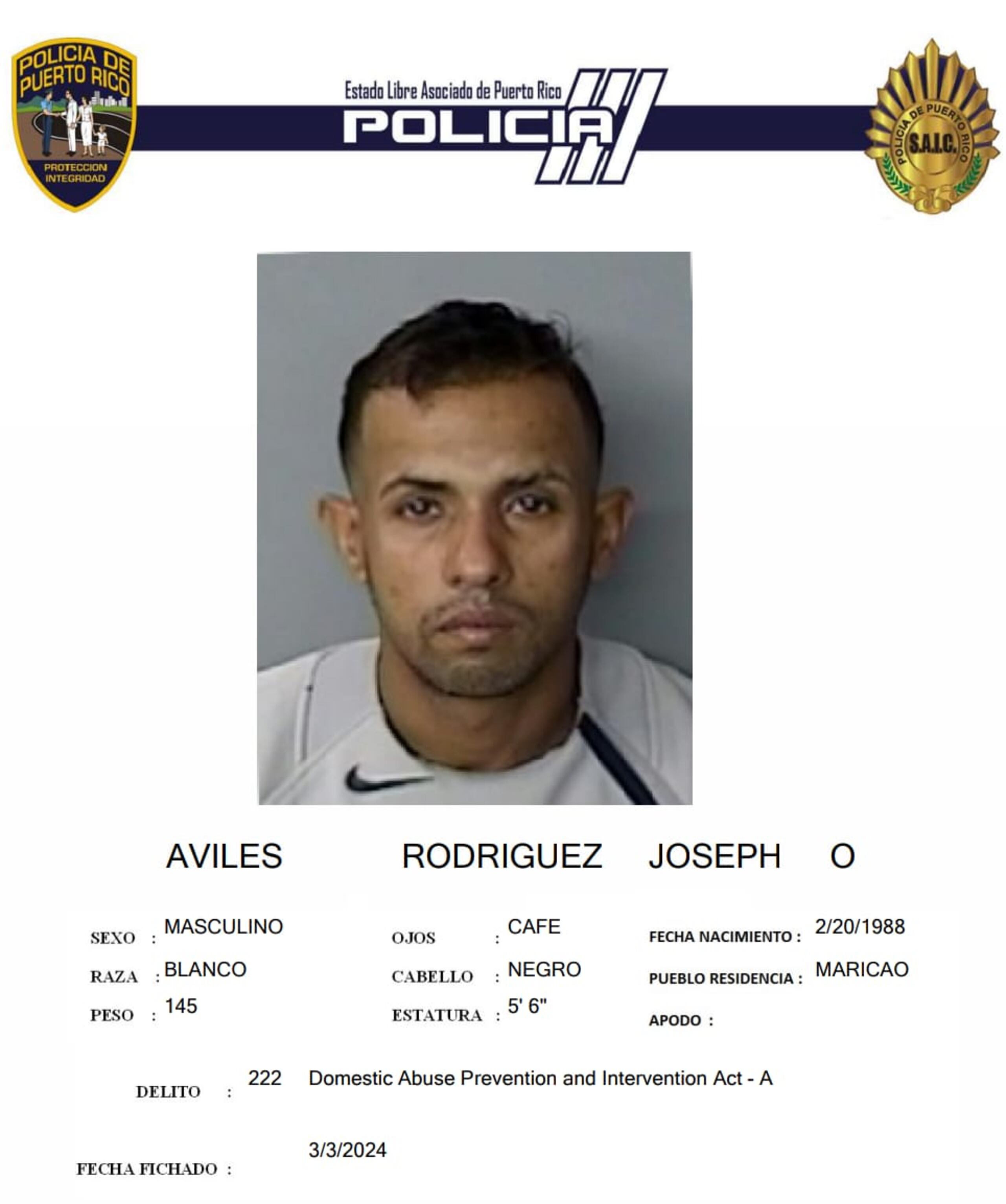 El policía Joseph Omar Avilés Rodríguez, de 36 años y residente de Isabela, enfrenta cargos por violencia de género.