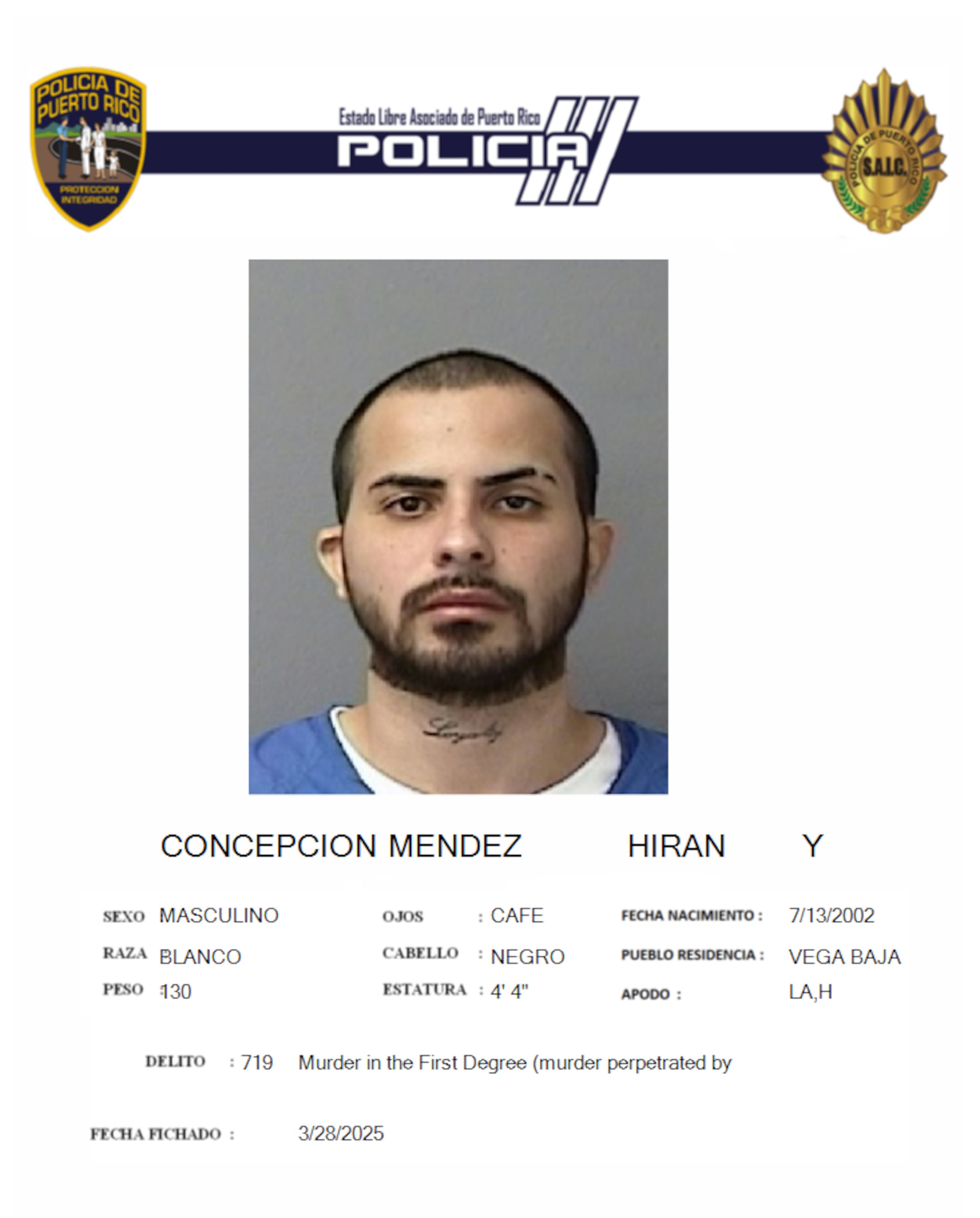 Hiran Y. Concepción Méndez, fue acusado por asesinato en la modalidad de cooperador y violación a la Ley de Armas.