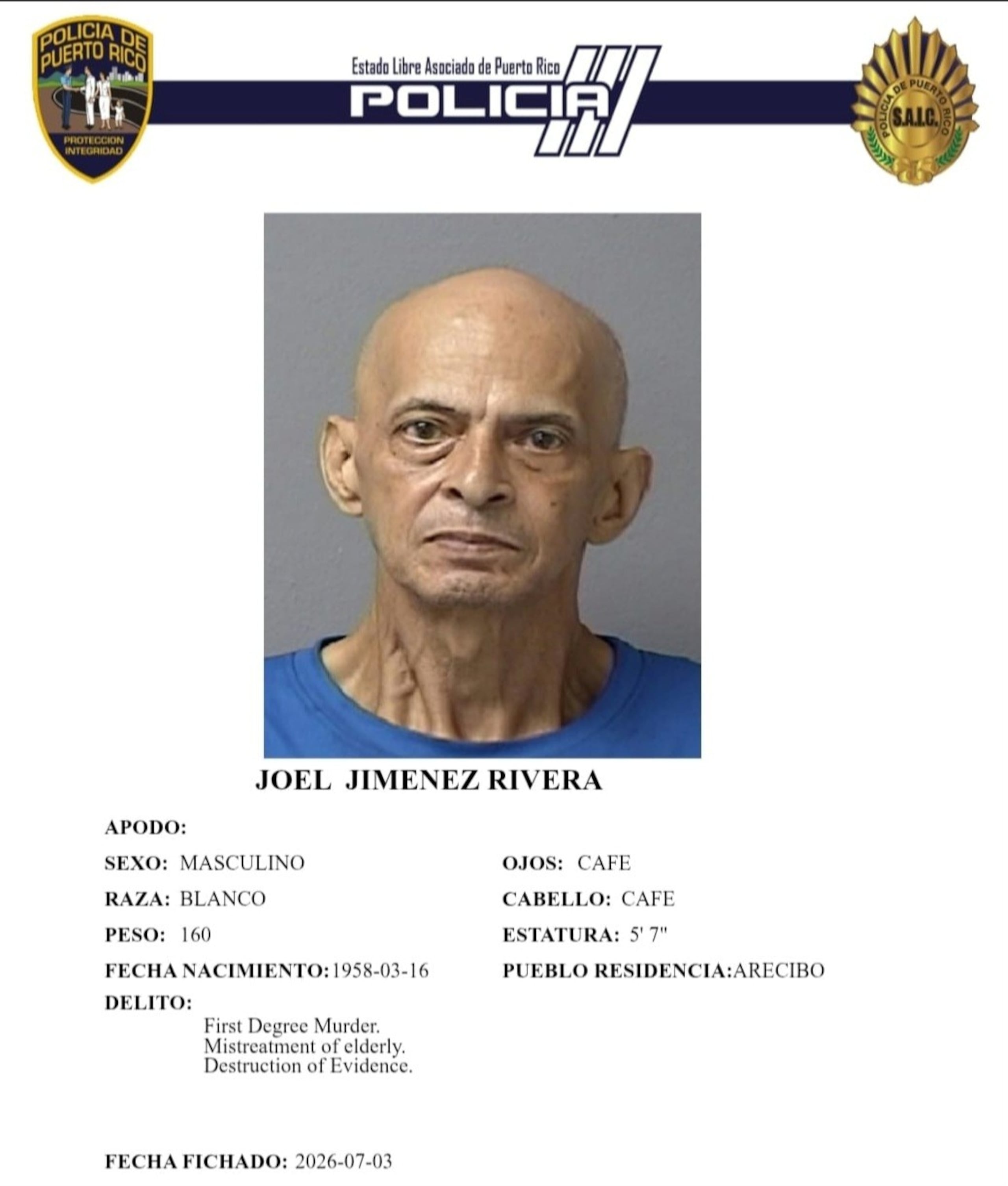 Joel Jiménez Rivera, está acusado por el asesinato en primer grado de su progenitora el 30 de junio, en el barrio Santana en Arecibo.