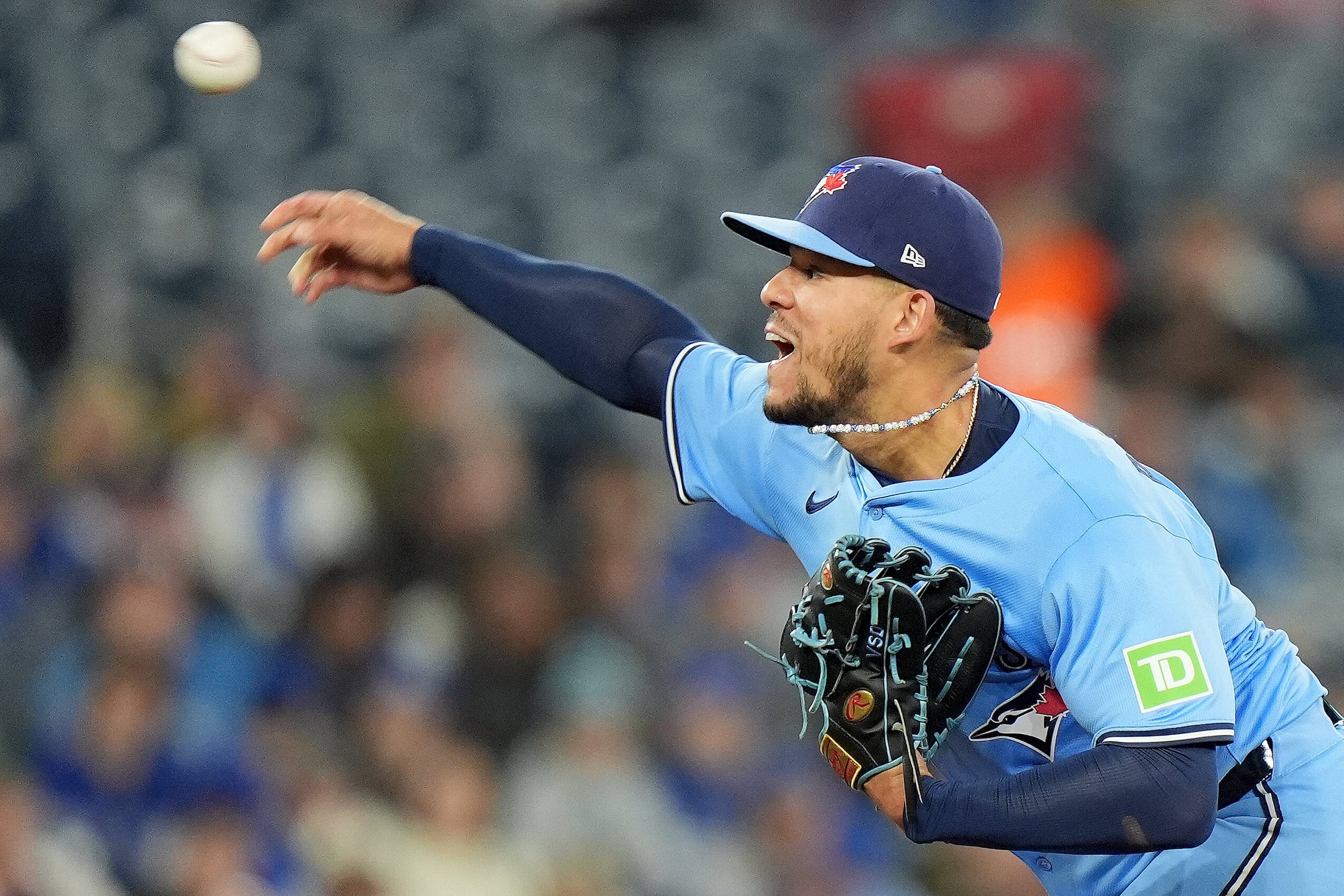 Toronto Blue Jays' Jose Berrios works during the first inning of a baseball game against the Washington Nationals in Toronto, Tuesday, April 1, 2025. (Frank Gunn/The Canadian Press via AP)