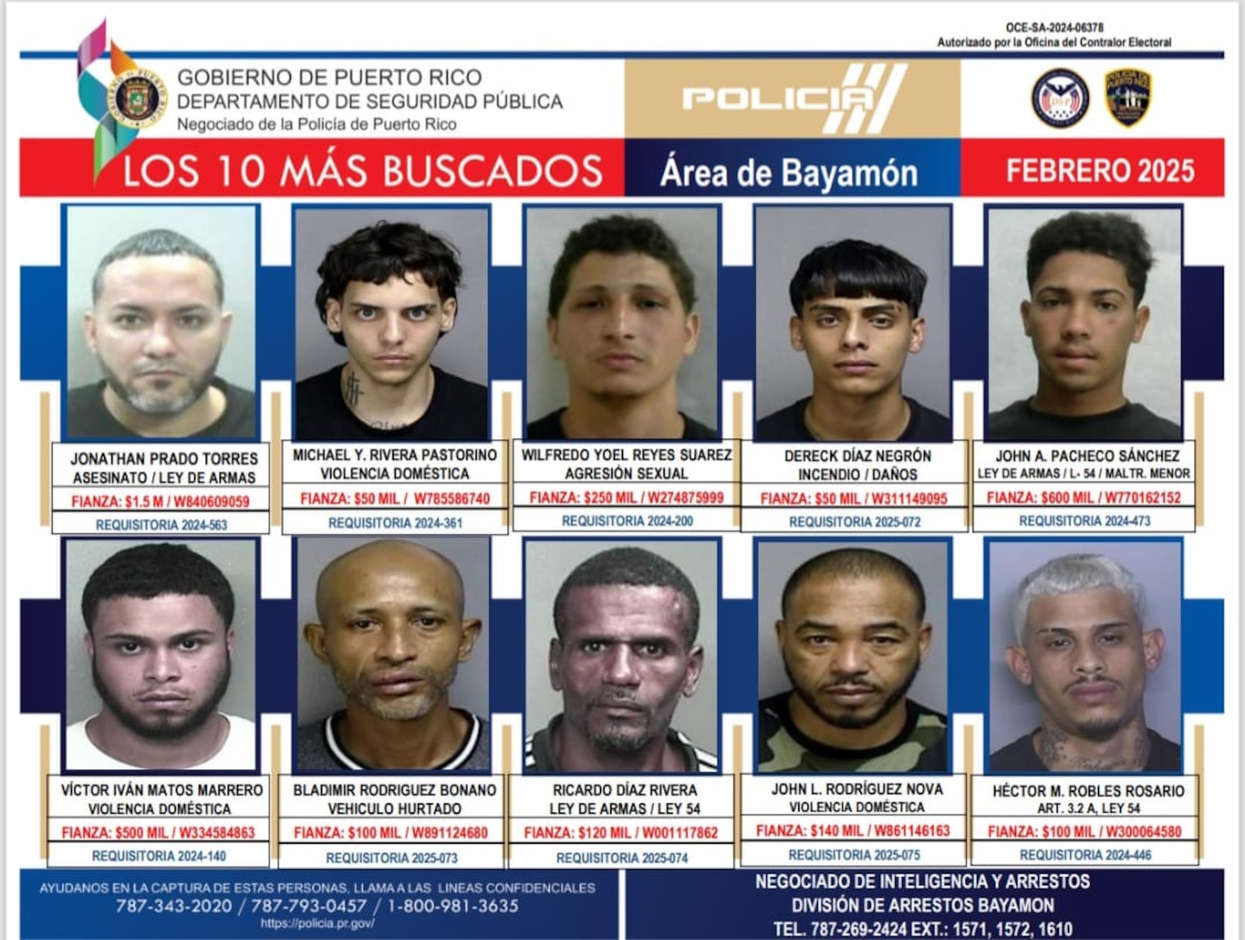 Estos son los fugitivos que integran la nueva lista de Los 10 Más Buscados en el área policíaca de Bayamón. Si los ha visto llame al (787) 269-2424 extensión 1571.