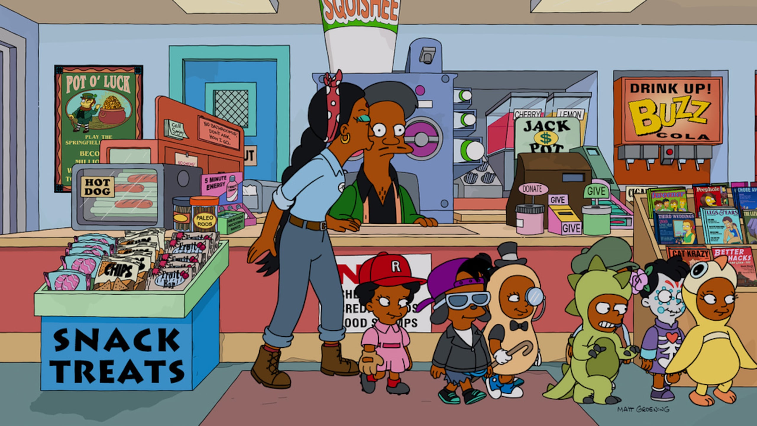 Apu junto a su esposa Manjula y sus hijos, en un episodio de “Los Simpson”.