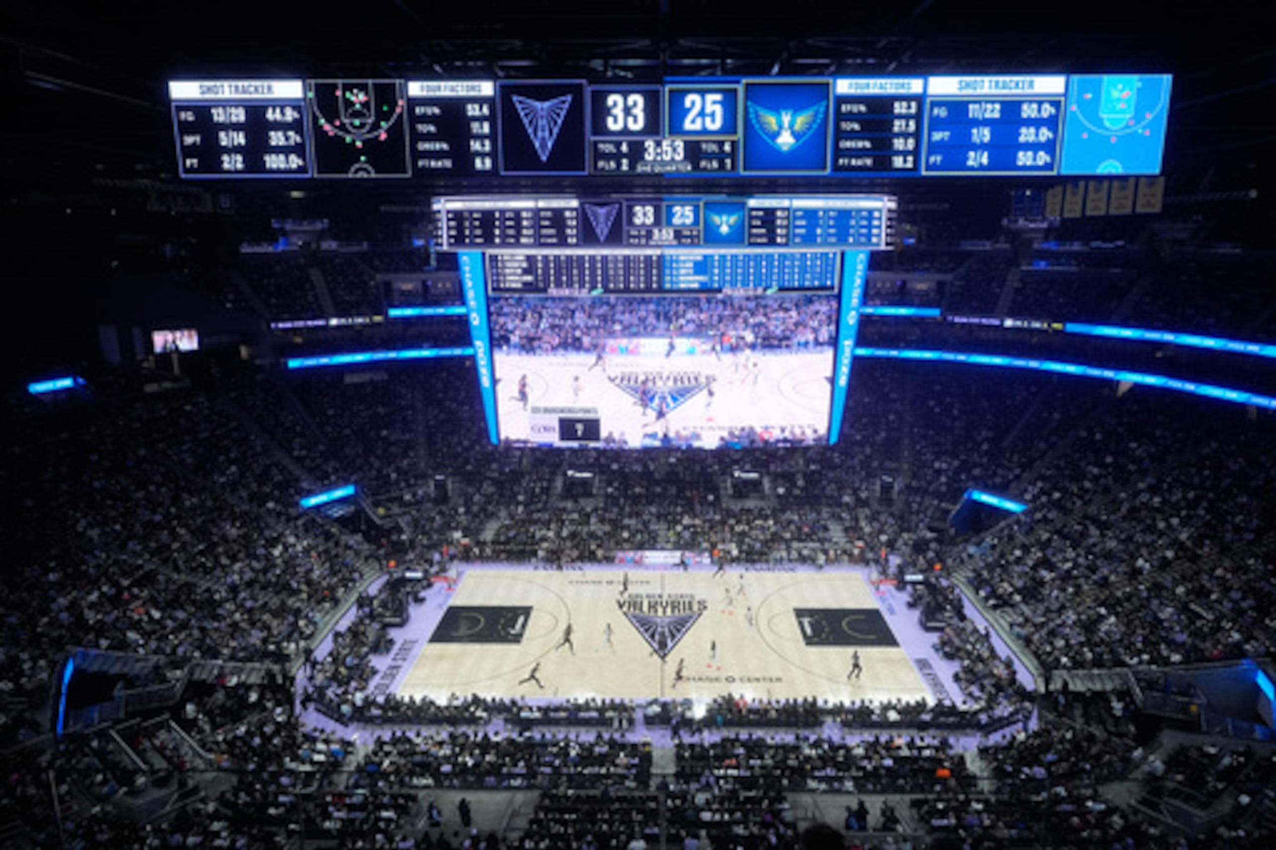 Los aficionados observan desde una zona general del Chase Center durante la primera mitad de un partido de baloncesto de la WNBA entre las Golden State Valkyries y las Dallas Wings en San Francisco, el lunes 17 de agosto de 2026. (Foto AP/Jeff Chiu)