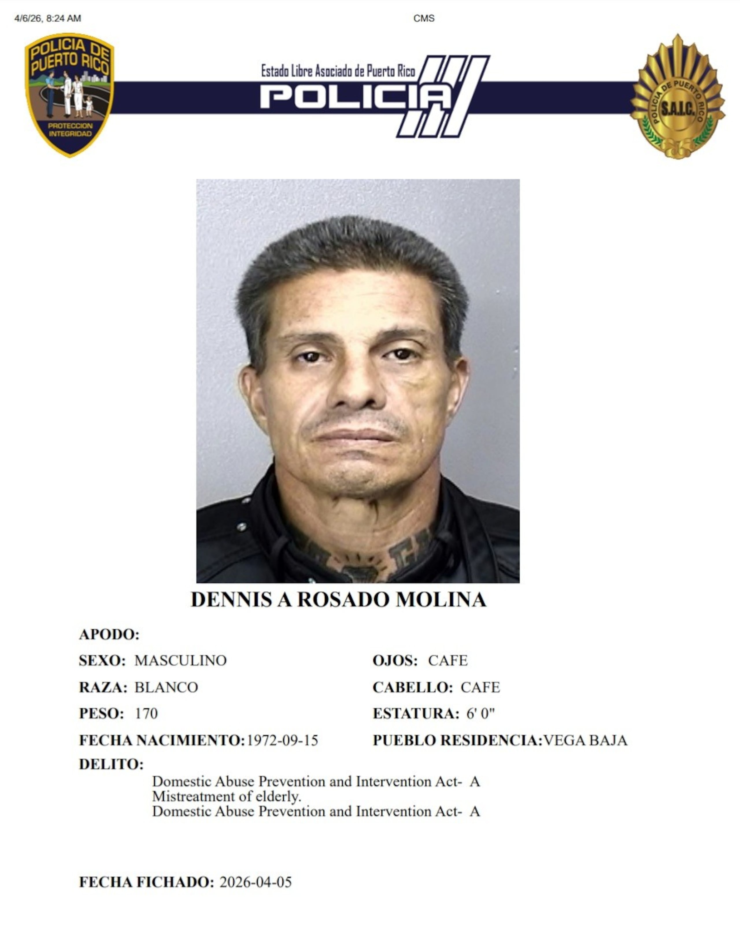 Dennis A. Rosado Molina, fue detenido por tener una tablilla hurtada en su vehículo y resultó que pesaban dos órdenes de arresto en su contra.