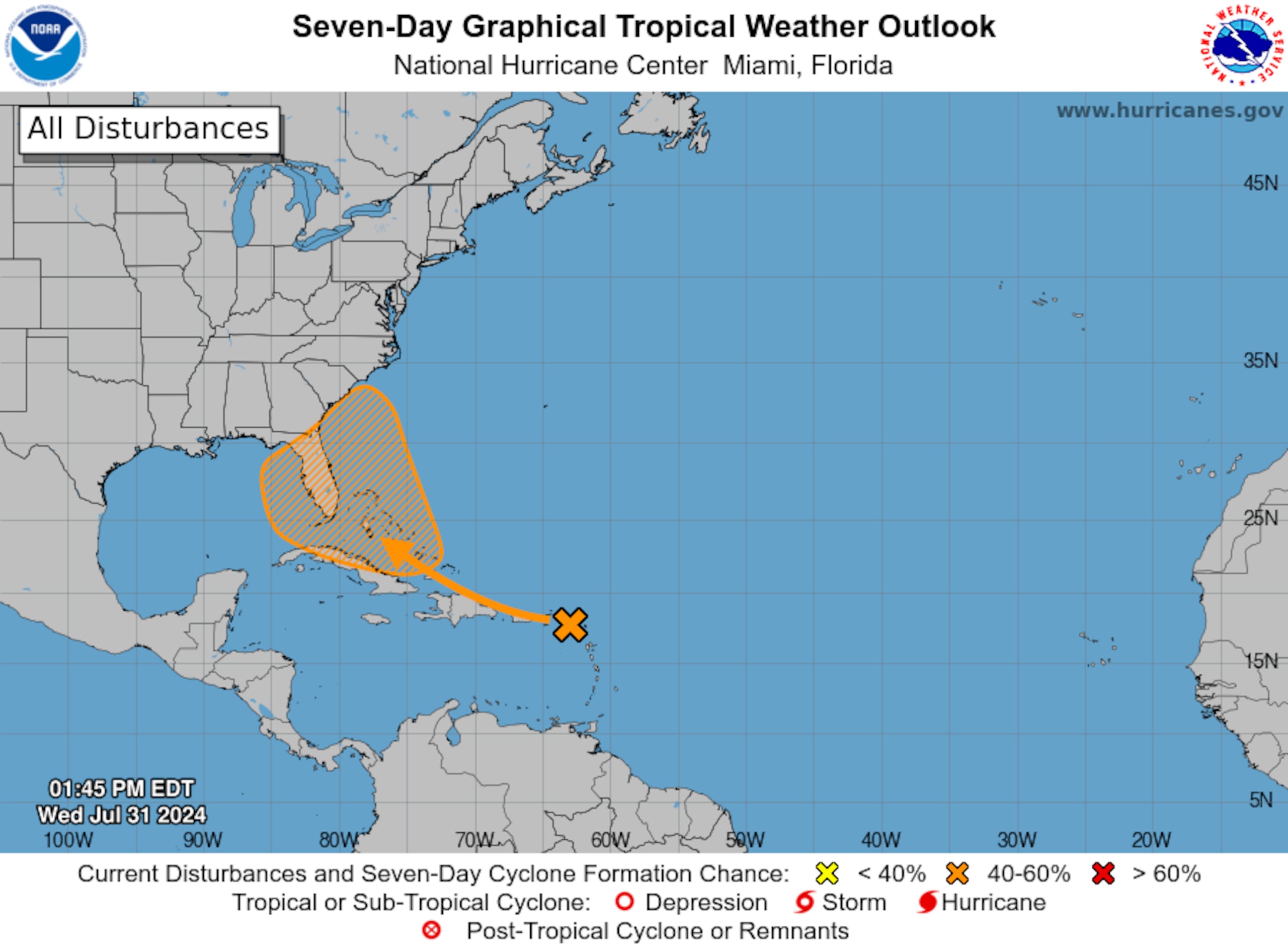 No se anticipa que la onda tropical se desarrolle a corto plazo, sin embargo, podría convertirse en una depresión tropical cuando esté cerca de Bahamas o el estado de Florida, según el Centro Nacional de Huracanes.