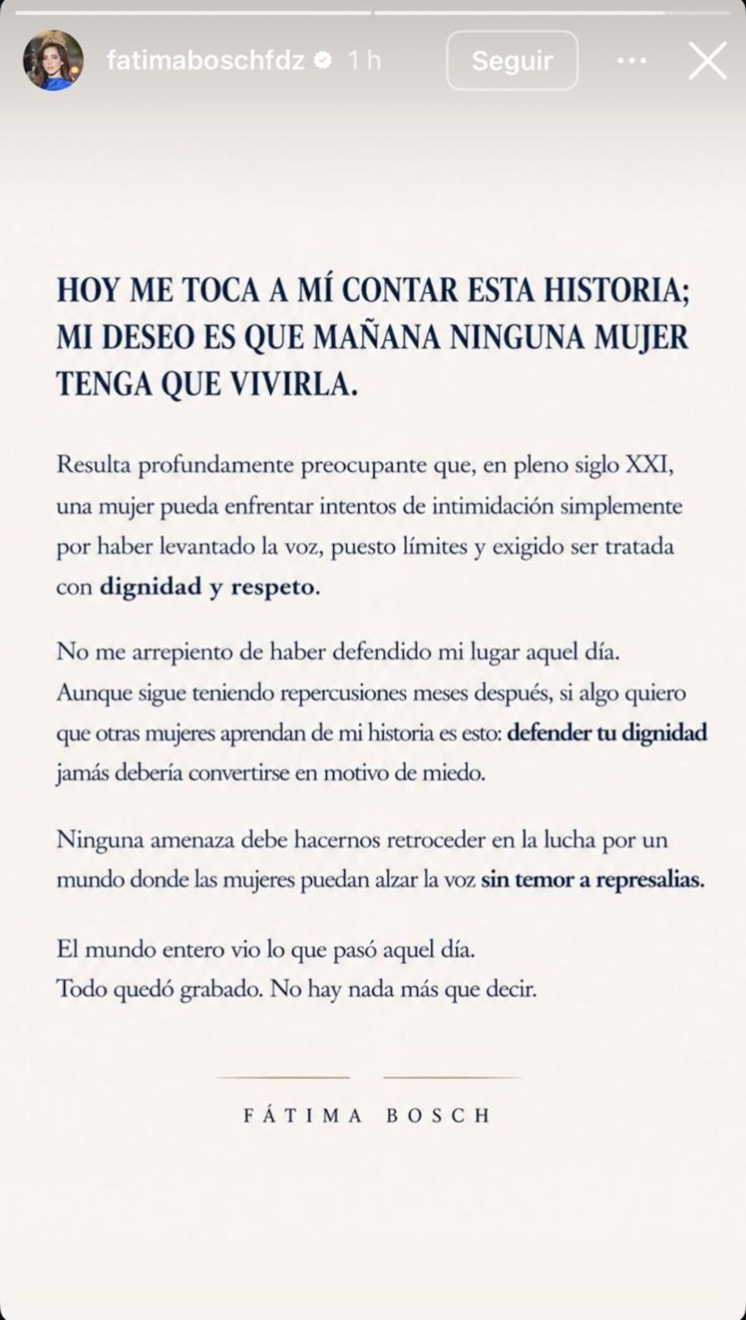 Respuesta de Fátima Bosch en Instagram.