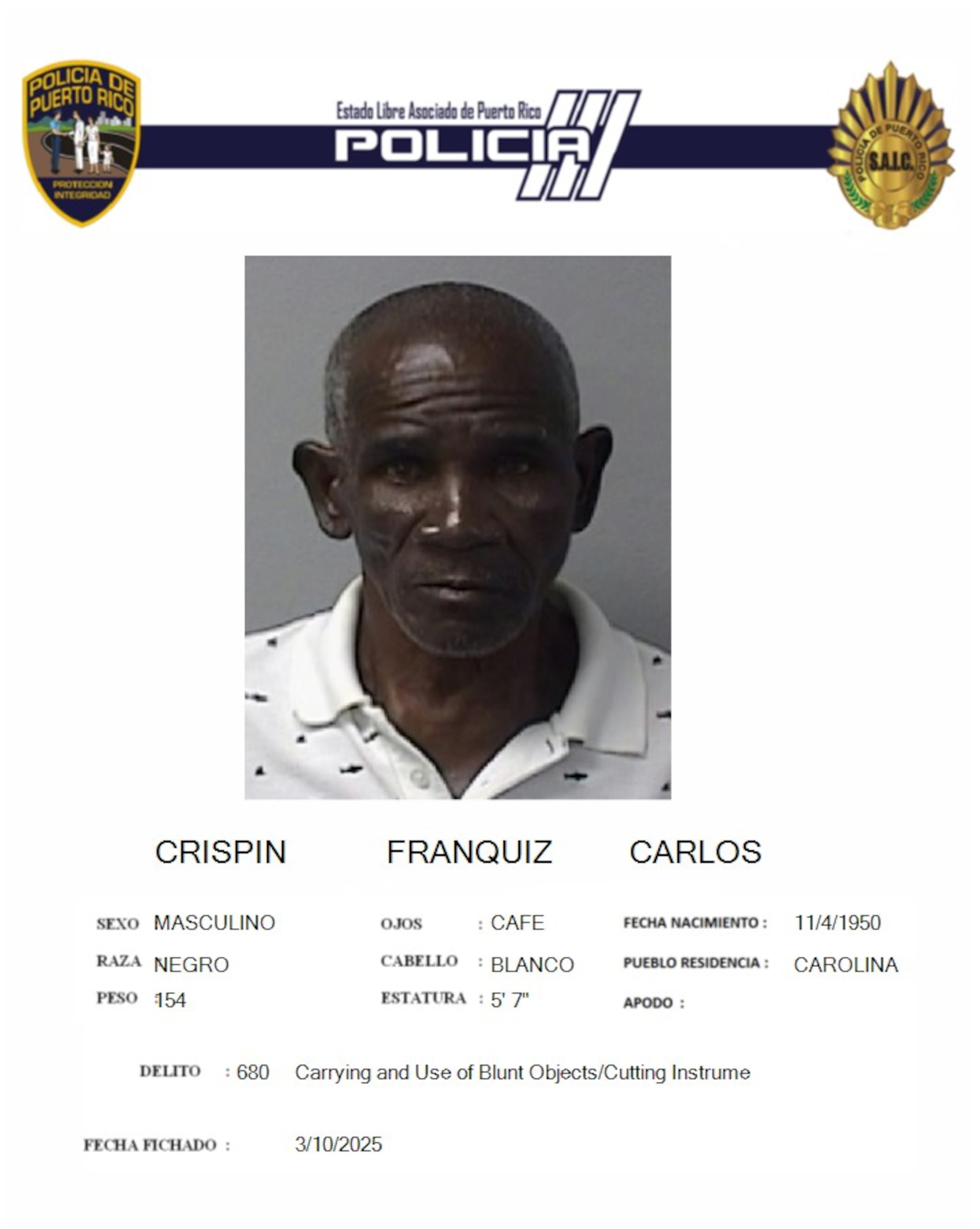 Carlos Crispín Franquiz, fue acusado por violación a la Ley de Armas.