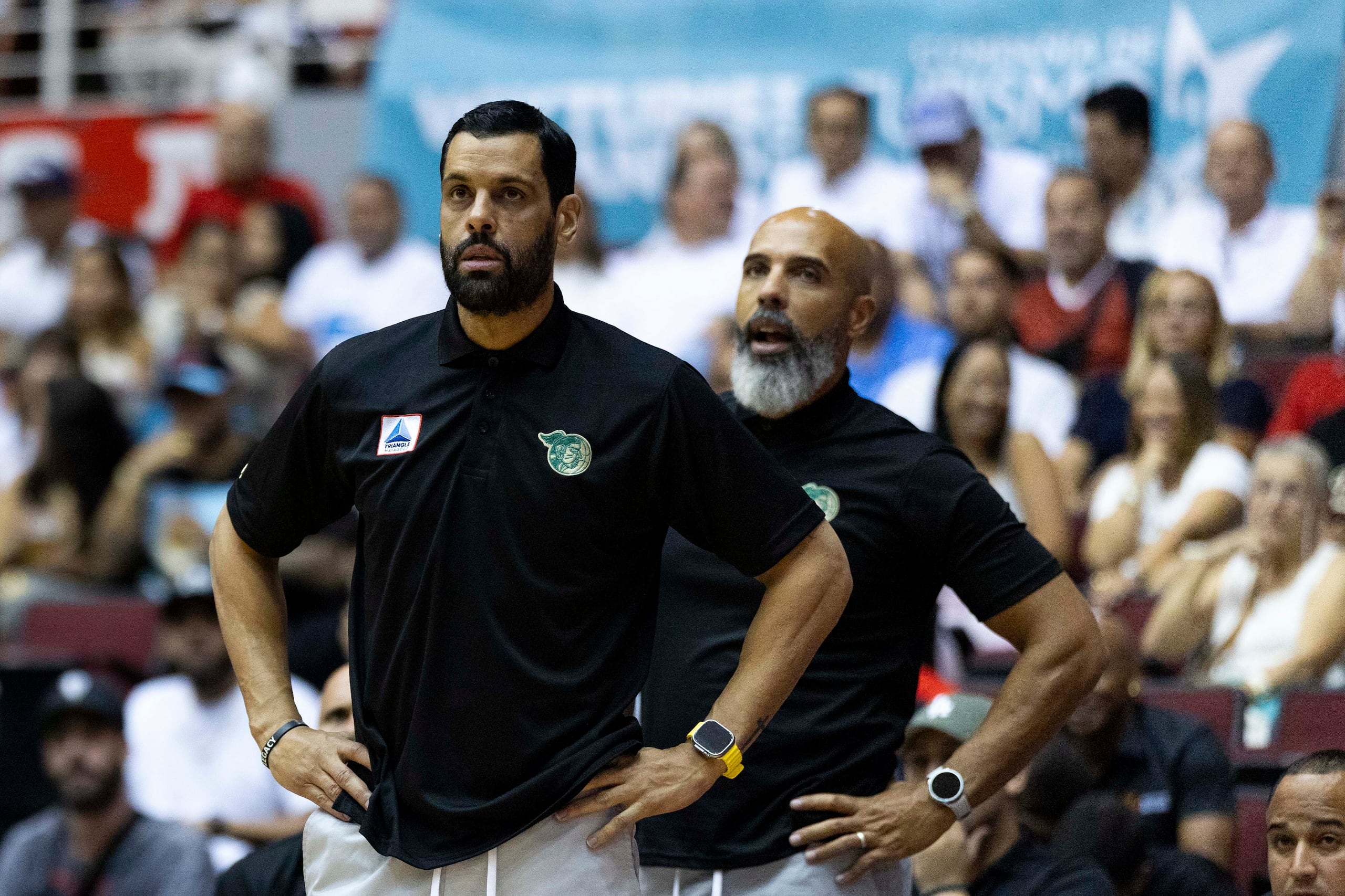 El dirigente de los Indios de Mayagüez, Christian Dalmau, durante el juego de desampate contra los Leones de Ponce en el Auditorio Juan "Pachín" Vicéns.