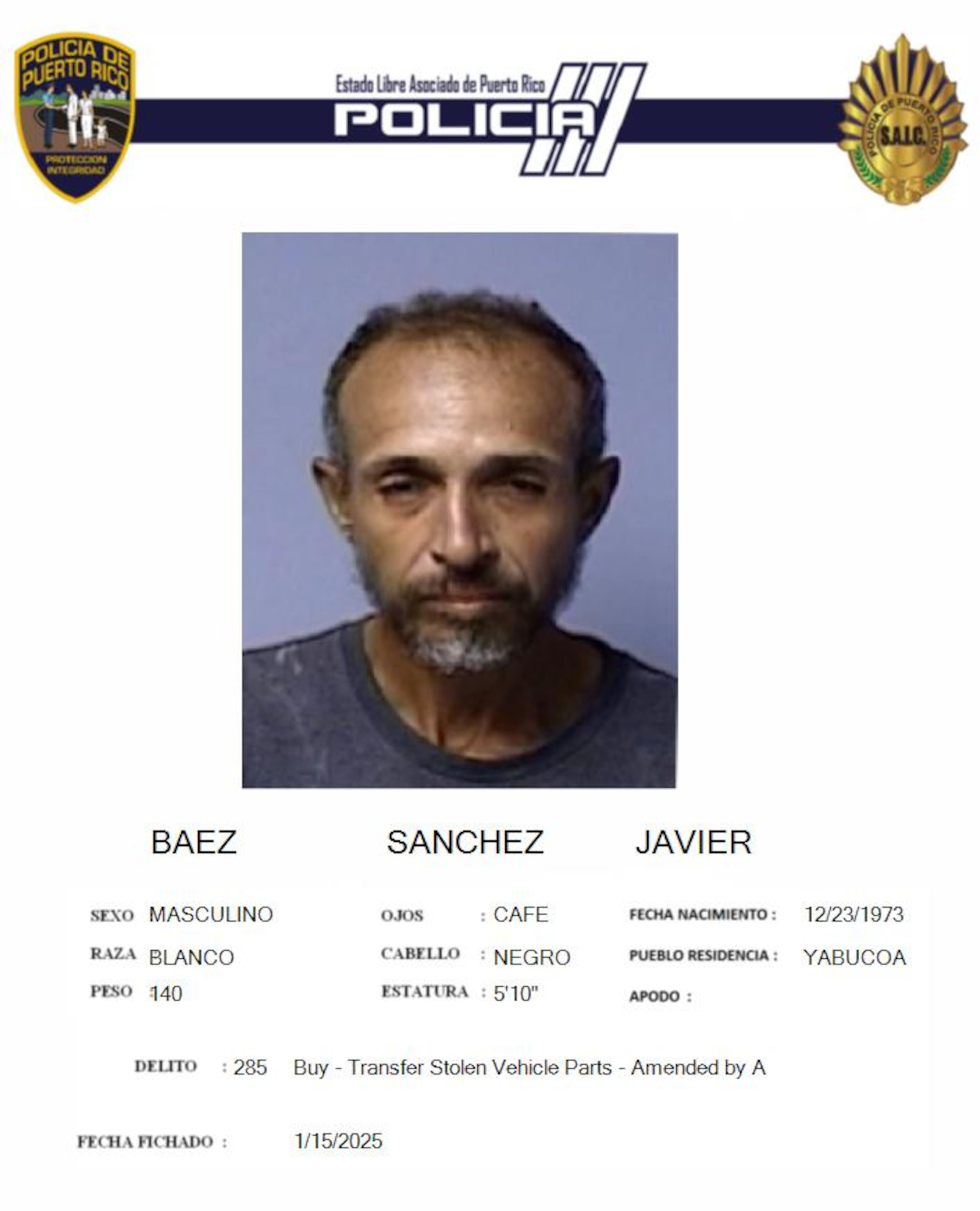 Javier Báez Sánchez, fue acusado por la posesión de un vehículo hurtado.