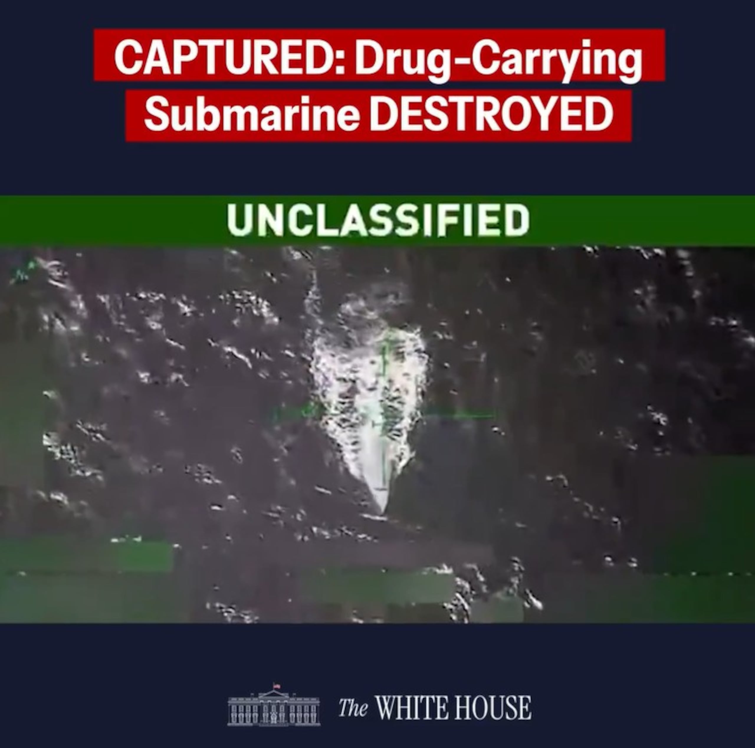 Después del anuncio de Trump, el Pentágono publicó en X un breve video en blanco y negro en el que se puede ver una embarcación moviéndose a través de las olas, con su parte delantera sumergida y luego se observan varias explosiones.