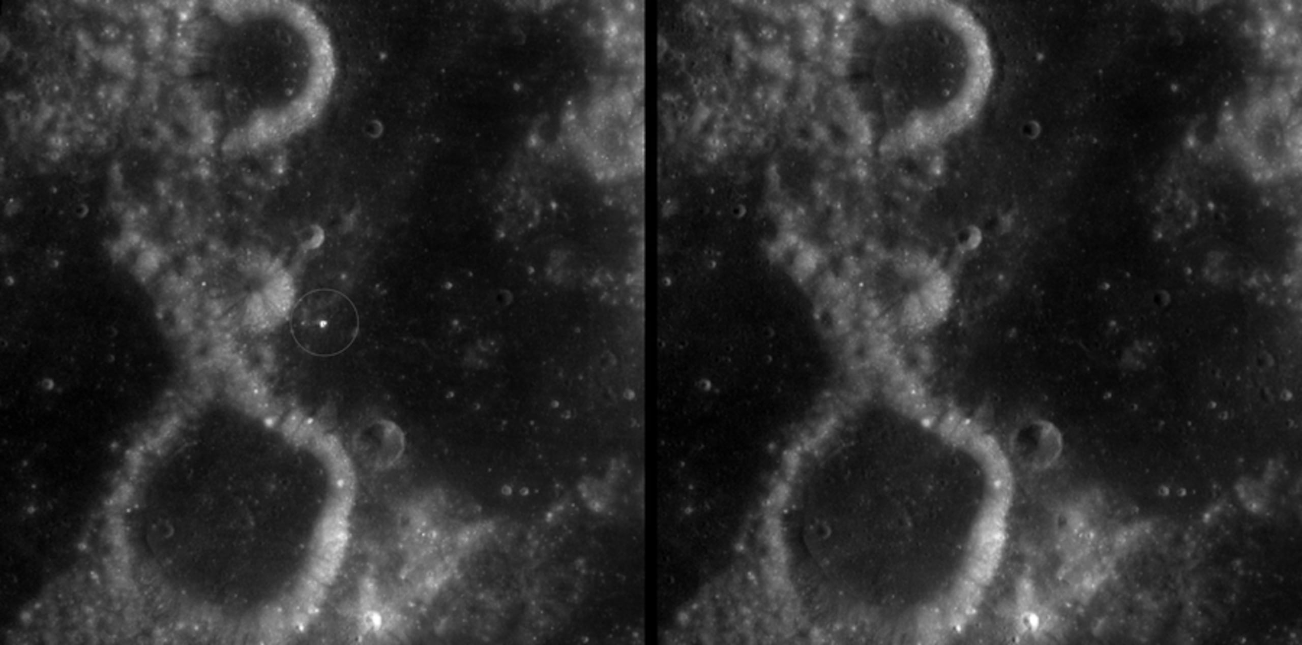 Una vista ampliada del cráter McGetchin, señalado con un círculo a la izquierda, junto a una imagen de “antes” a la derecha. El panel de la izquierda fue elaborado con imágenes captadas por la cámara de gran angular del Lunar Reconnaissance Orbiter (LRO) de la NASA durante el verano de 2025, mientras que el panel de la derecha fue creado a partir de imágenes tomadas en la primavera de 2011. La mancha blanca no es el cráter en sí, sino material expulsado desde el cráter. Este se formó cuando una roca, posiblemente del tamaño de un edificio de entre tres y seis pisos, impactó contra la Luna entre el 11 de abril y el 22 de mayo de 2024. El área mostrada en las imágenes tiene 38 millas de ancho.