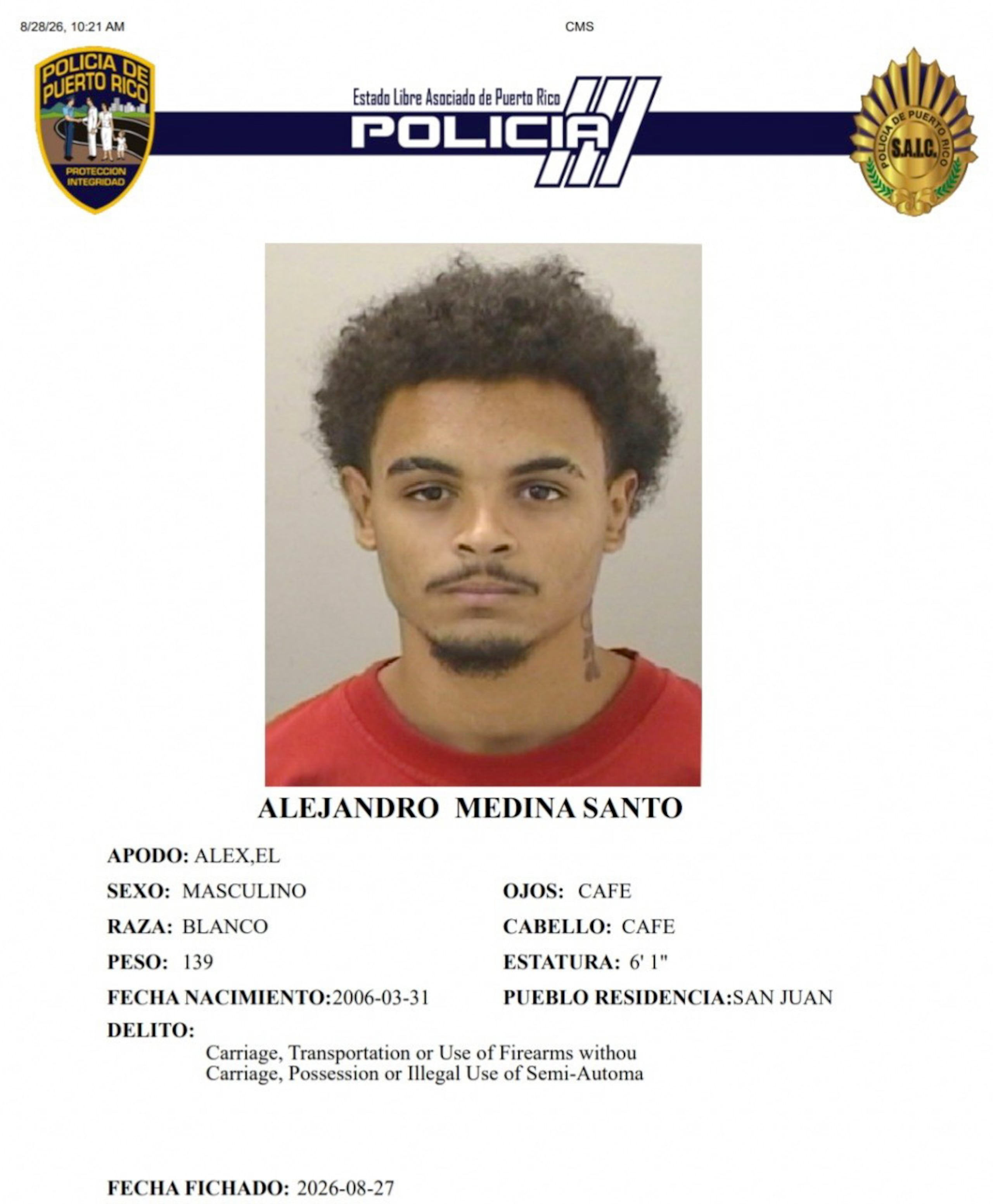 Alejandro Medina Santo, enfrenta dos cargos por violación a la Ley de Armas de Puerto Rico.