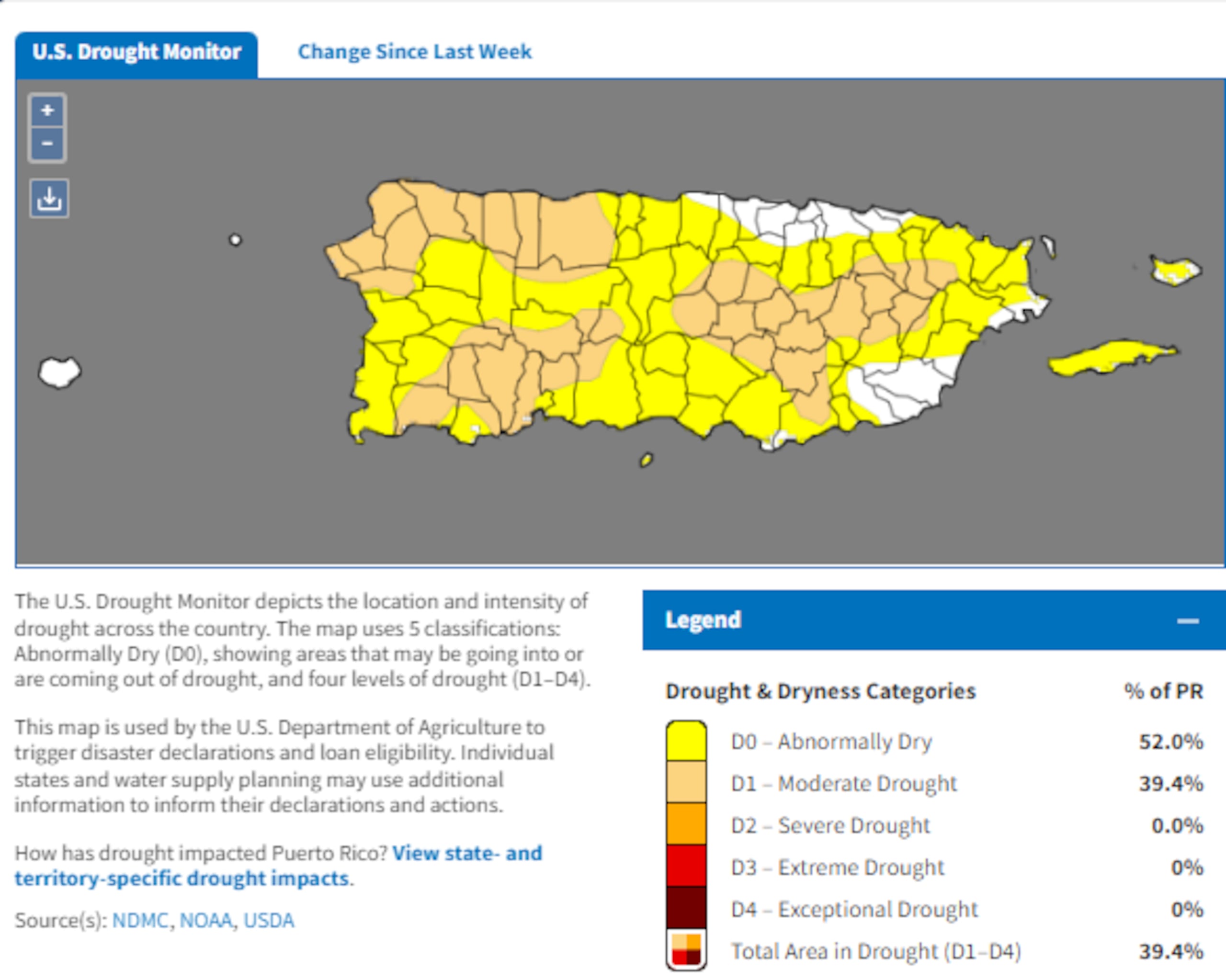 Mapa de sequía de Puerto Rico, según el Monitor de Sequía de Estados Unidos.