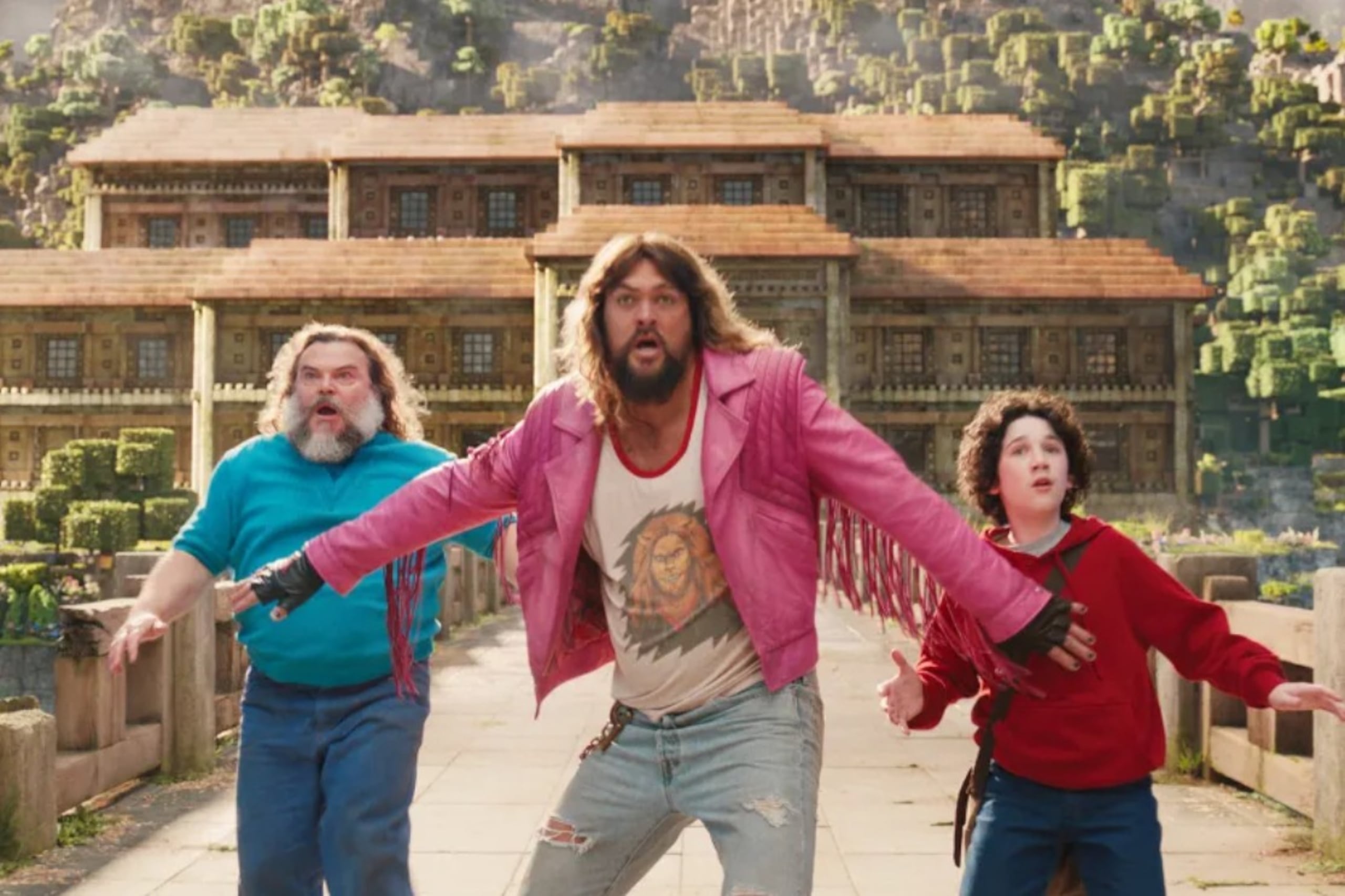 Jack Black, Jason Momoa y Sebastian Hansen en "A Minecraft Movie".