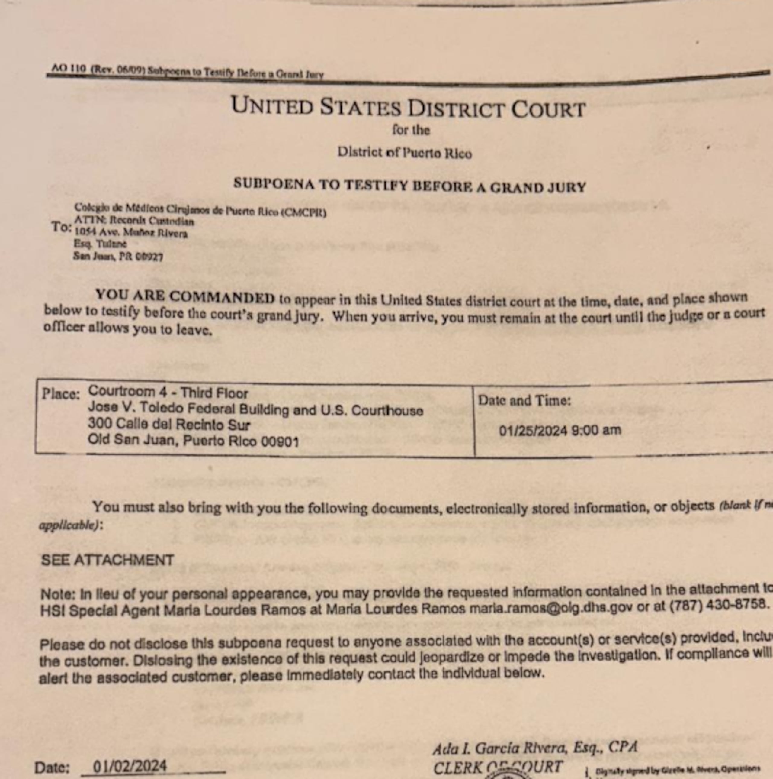 Parte del subpoena que presentó Carlos Díaz ante el Senado.