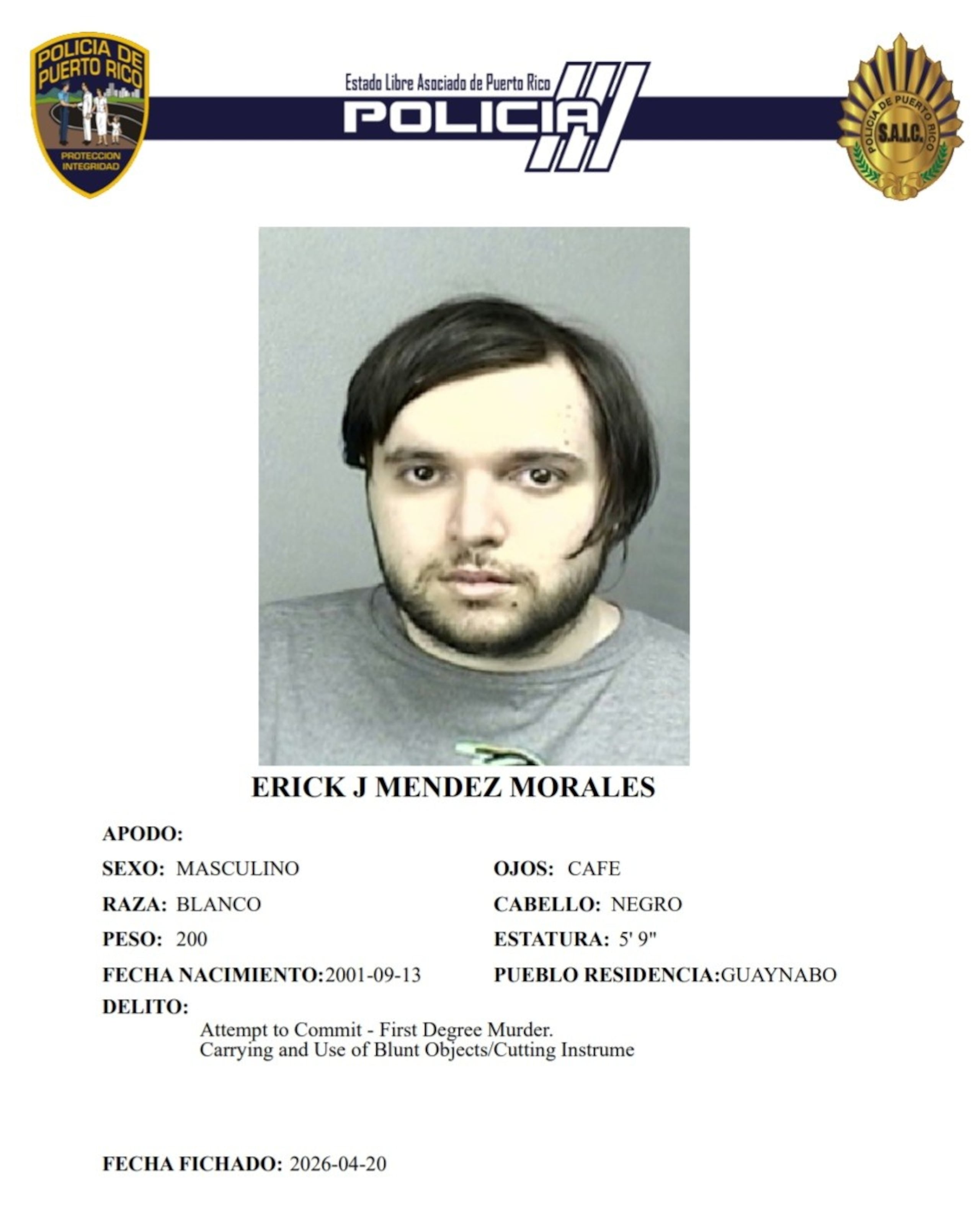 Erick J. Méndez Morales, enfrenta cargos por tentativa de asesinato y violación a la Ley de Armas.