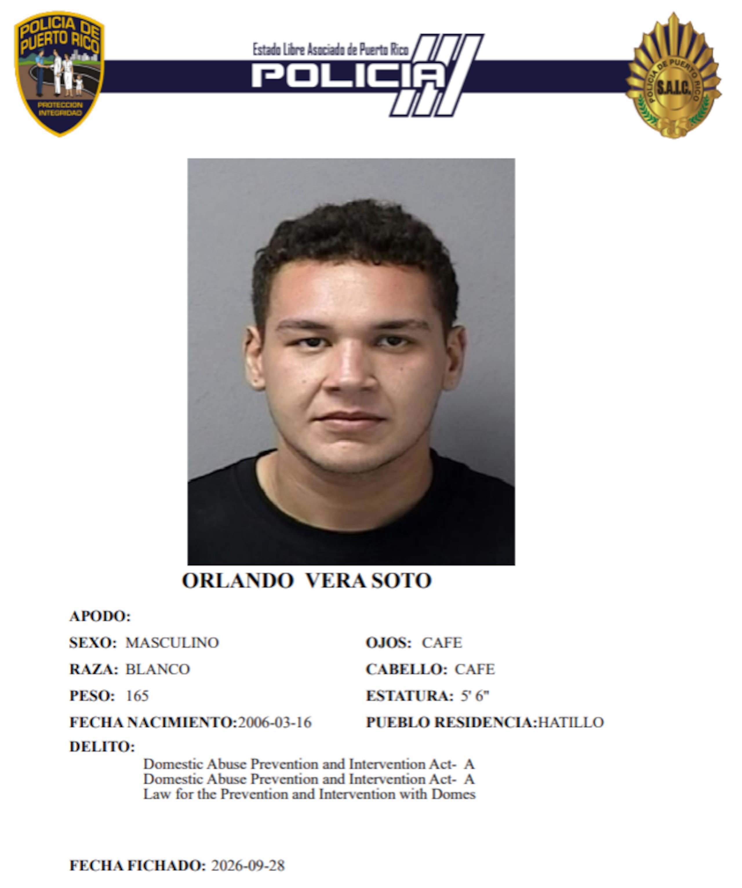 Ficha policíaca del imputado, Orlando Vera Soto, de 20 años y residente de Hatillo.