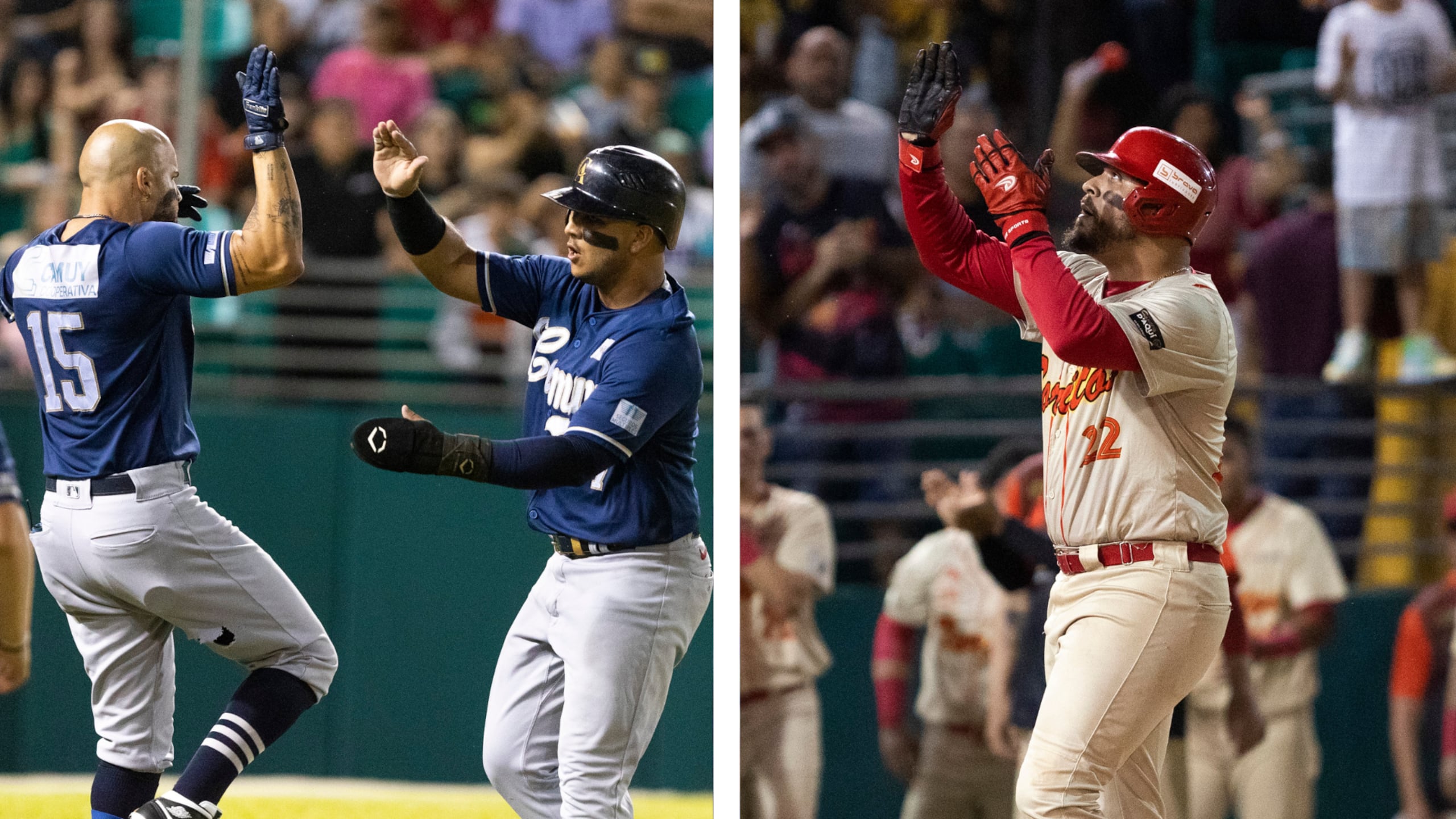 De izquierda a derecha, Luis González y Kervy Arbelo, de los Arenosos de Camuy, y Kevin Luciano, de los Toritos de Cayey.