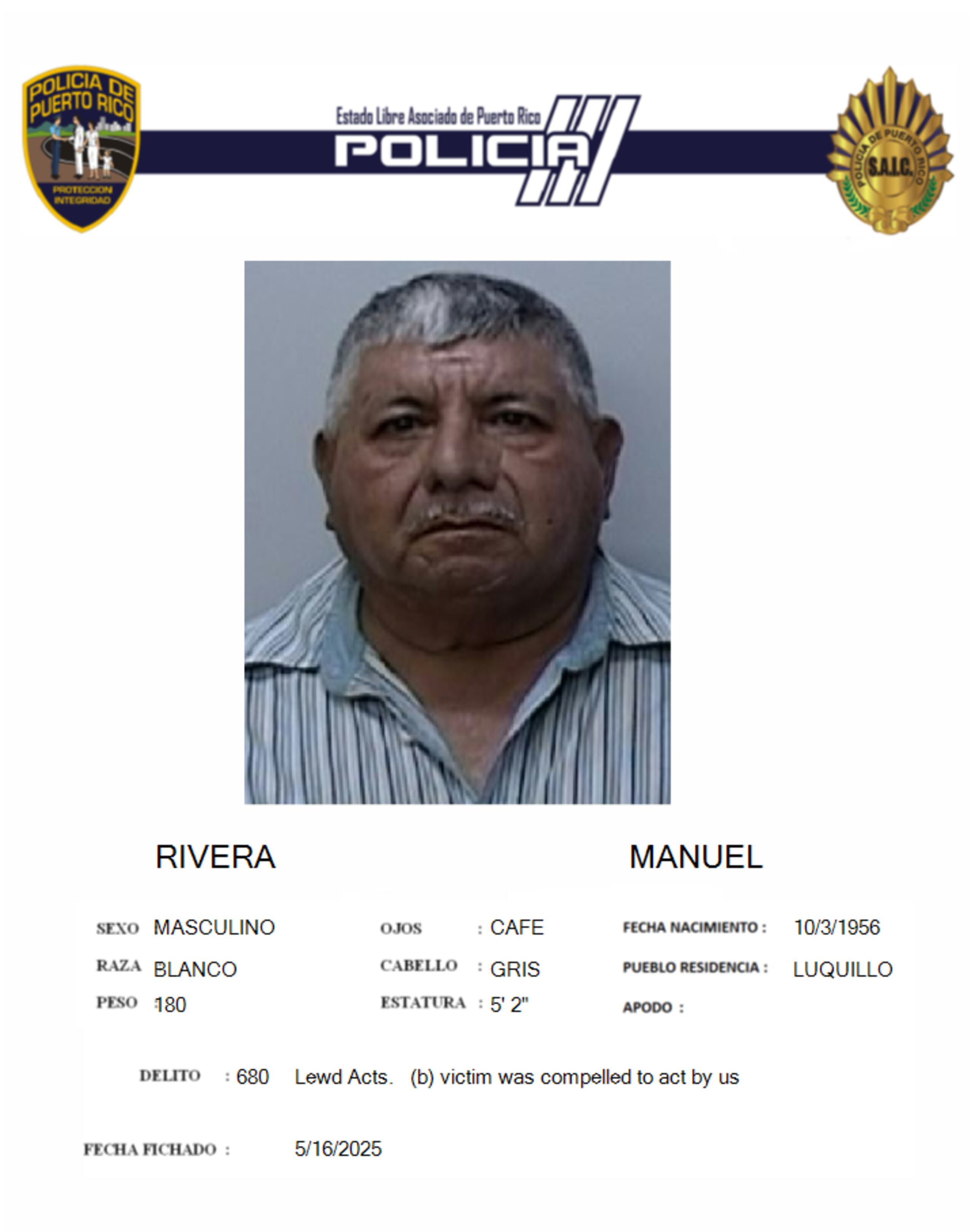 Manuel Rivera, enfrenta un cargo de actos lascivos.