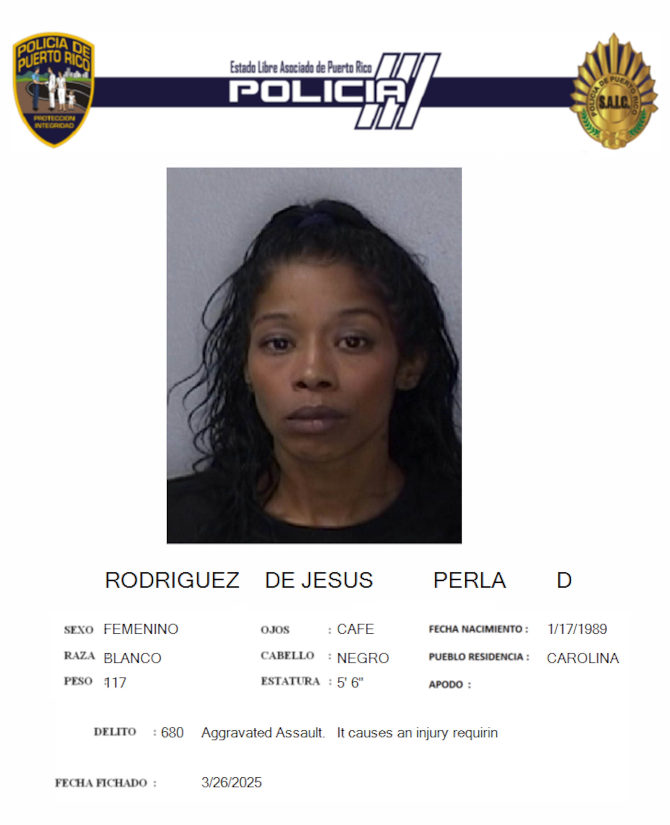 Ficha policial de la imputada, Perla Rodríguez De Jesús, de 36 años y residente de Carolina.