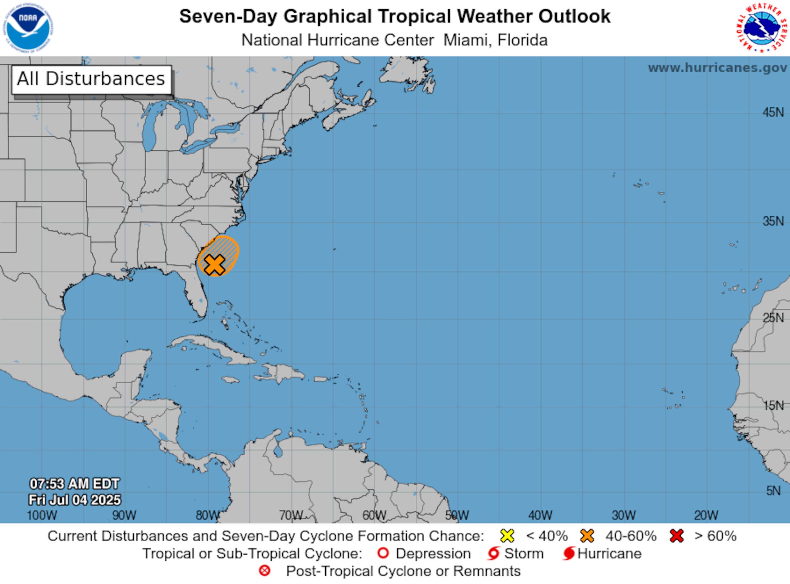 El sistema se espera que avance hacia el norte y se mueva tierra adentro sobre el sureste de Estados Unidos entre el sábado en la noche y el domingo en la mañana.