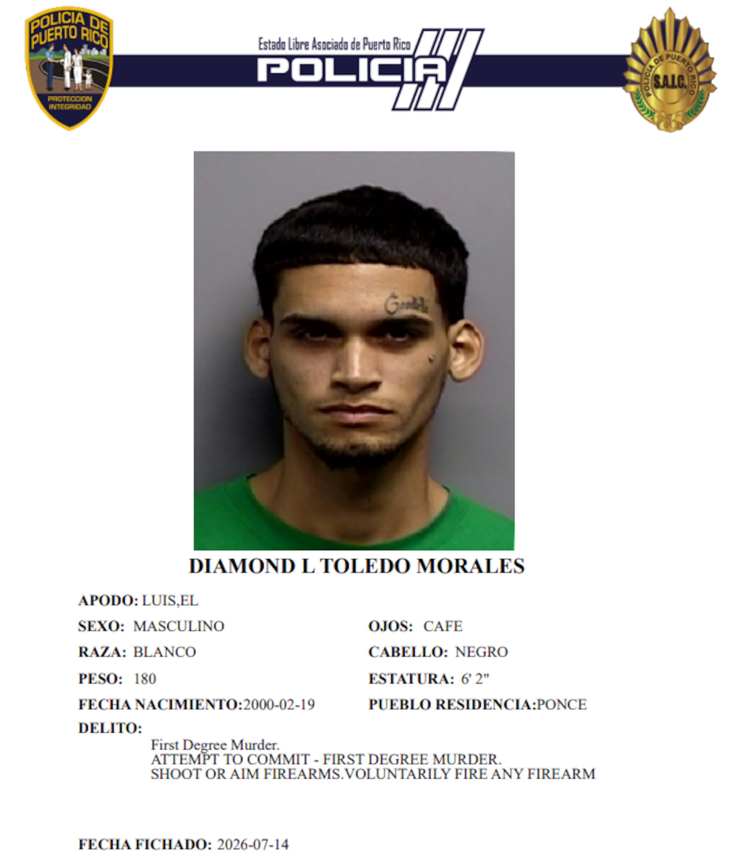 Ficha policial del imputado, Diamond Luis Toledo Morales, de 26 años y residente de Ponce.