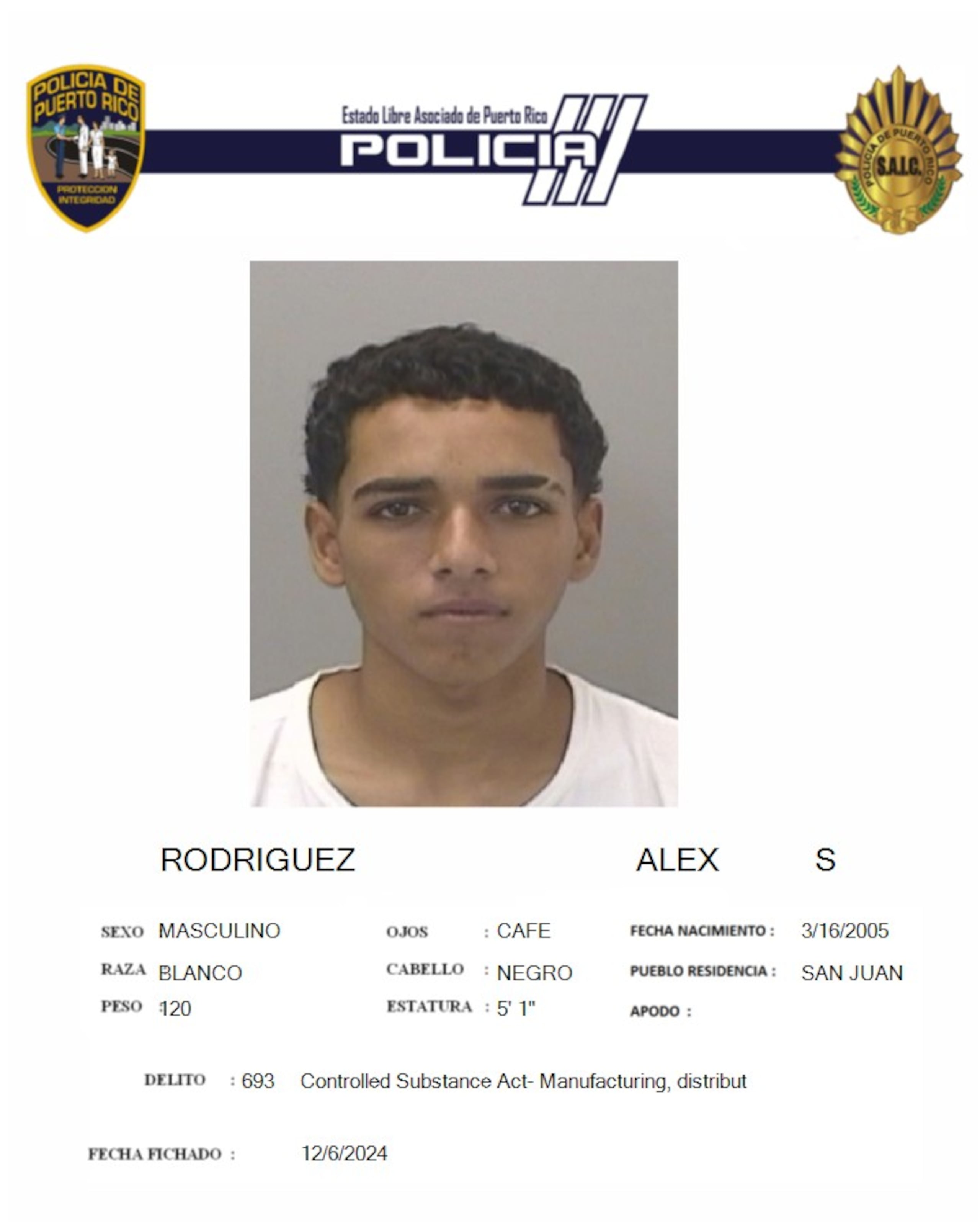 Ficha policial del joven Alex Shamil Rodríguez.