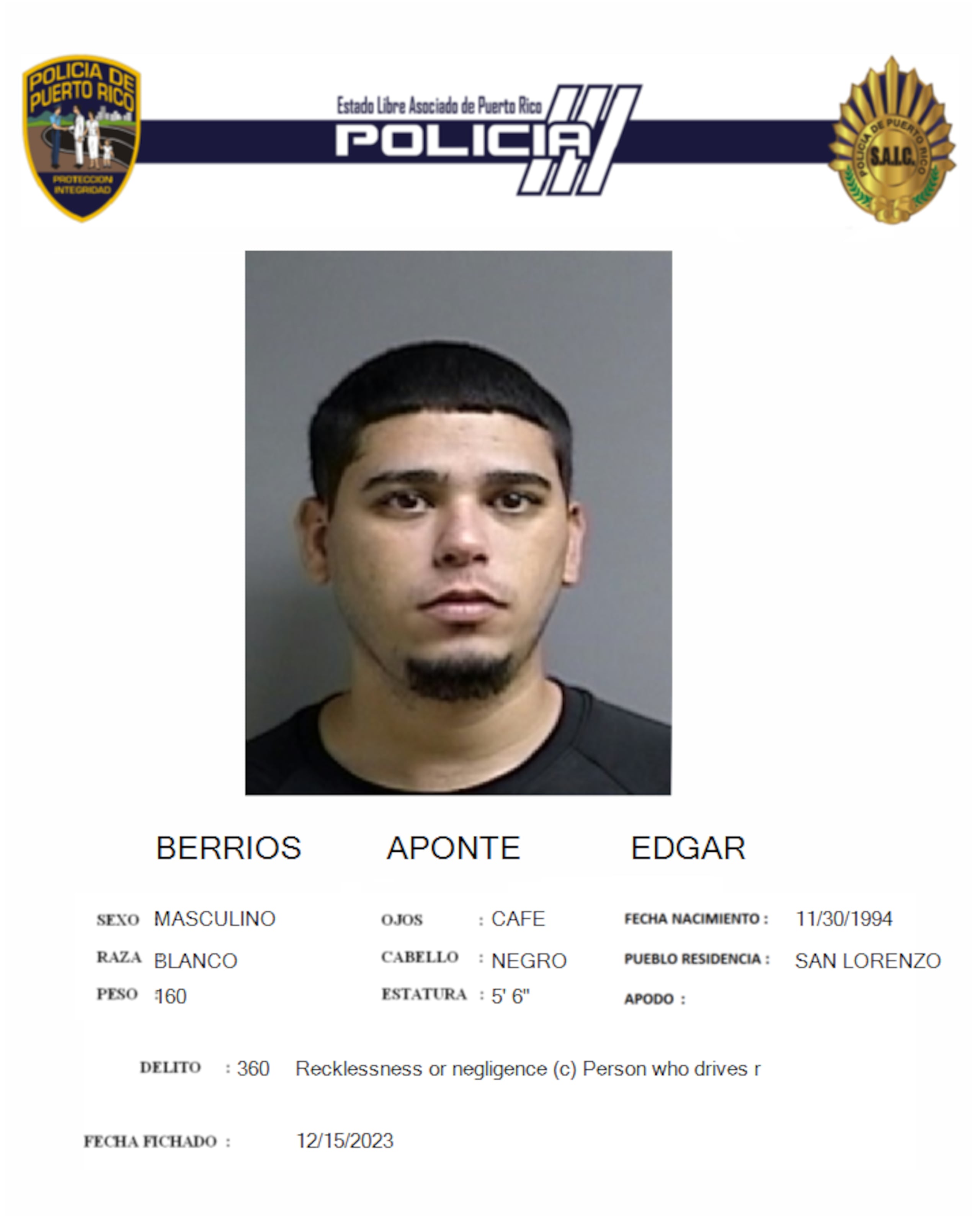 Edgar Berríos Aponte enfrenta cargos por negligencia temeraria al conducir un vehículo de motor.