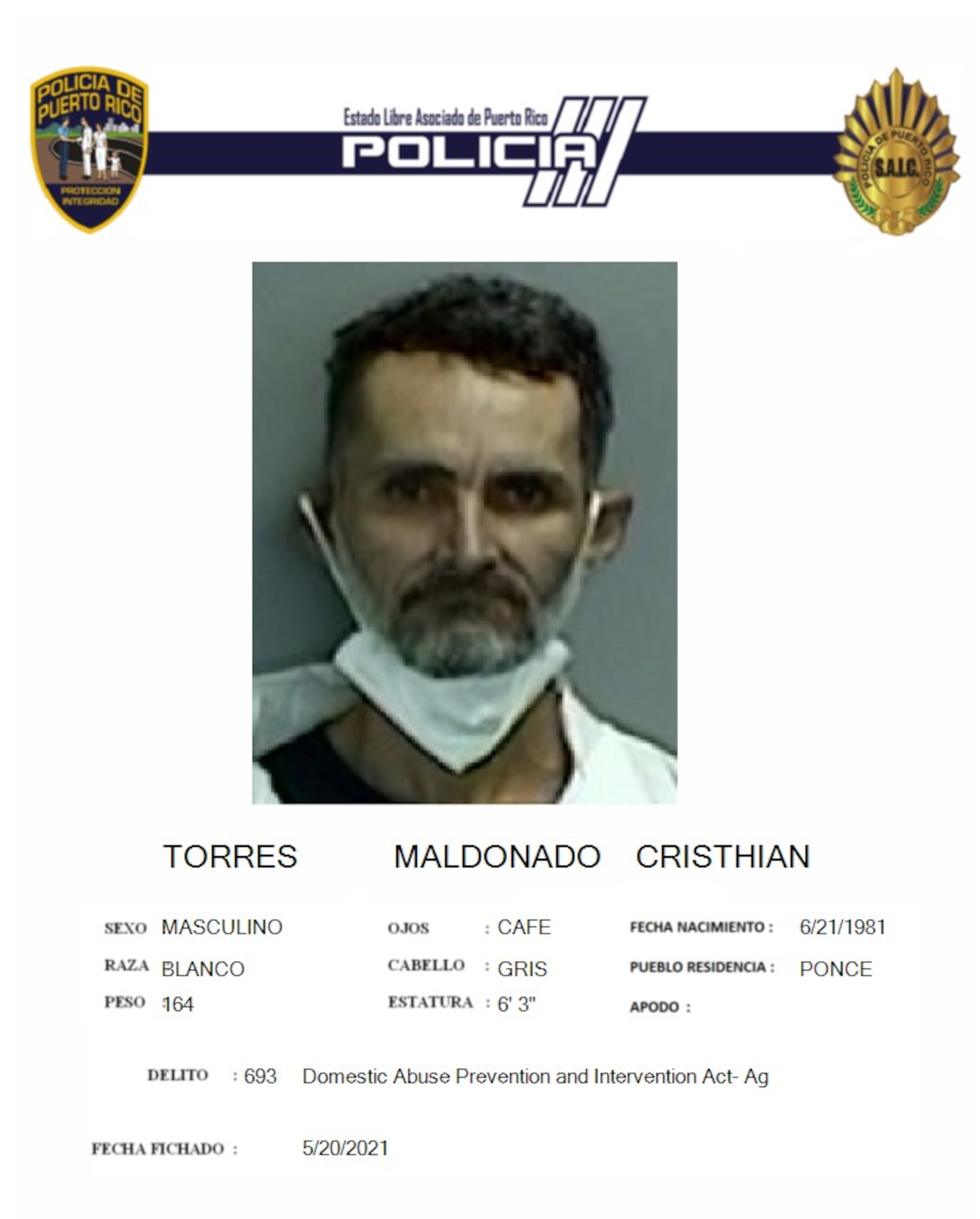 Ficha policiaca de Christian Torres Maldonado, de 43 años y residente de Ponce.